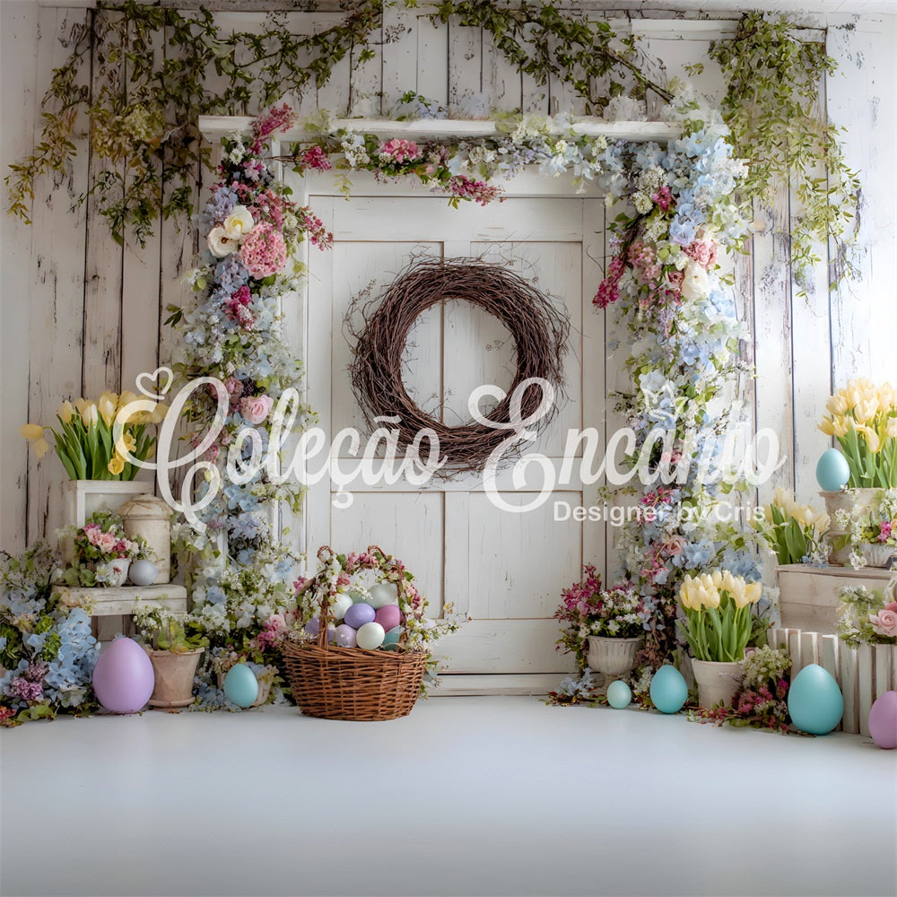 Easter Spring Floral Wreath Backdrop Floral Door Egg Basket Happy Easter Backdrops By Magali