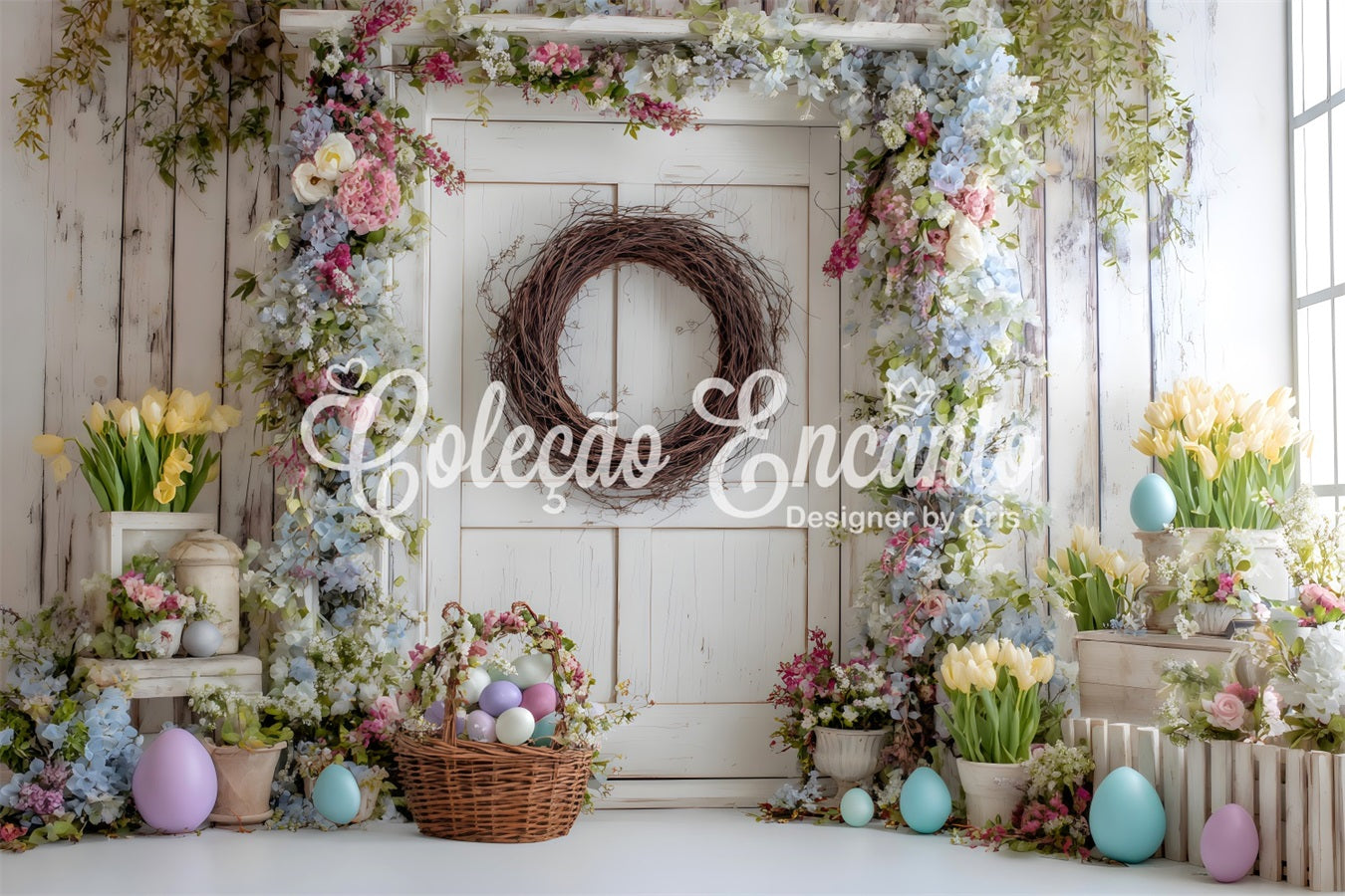 Easter Spring Floral Wreath Backdrop Floral Door Egg Basket Happy Easter Backdrops By Magali