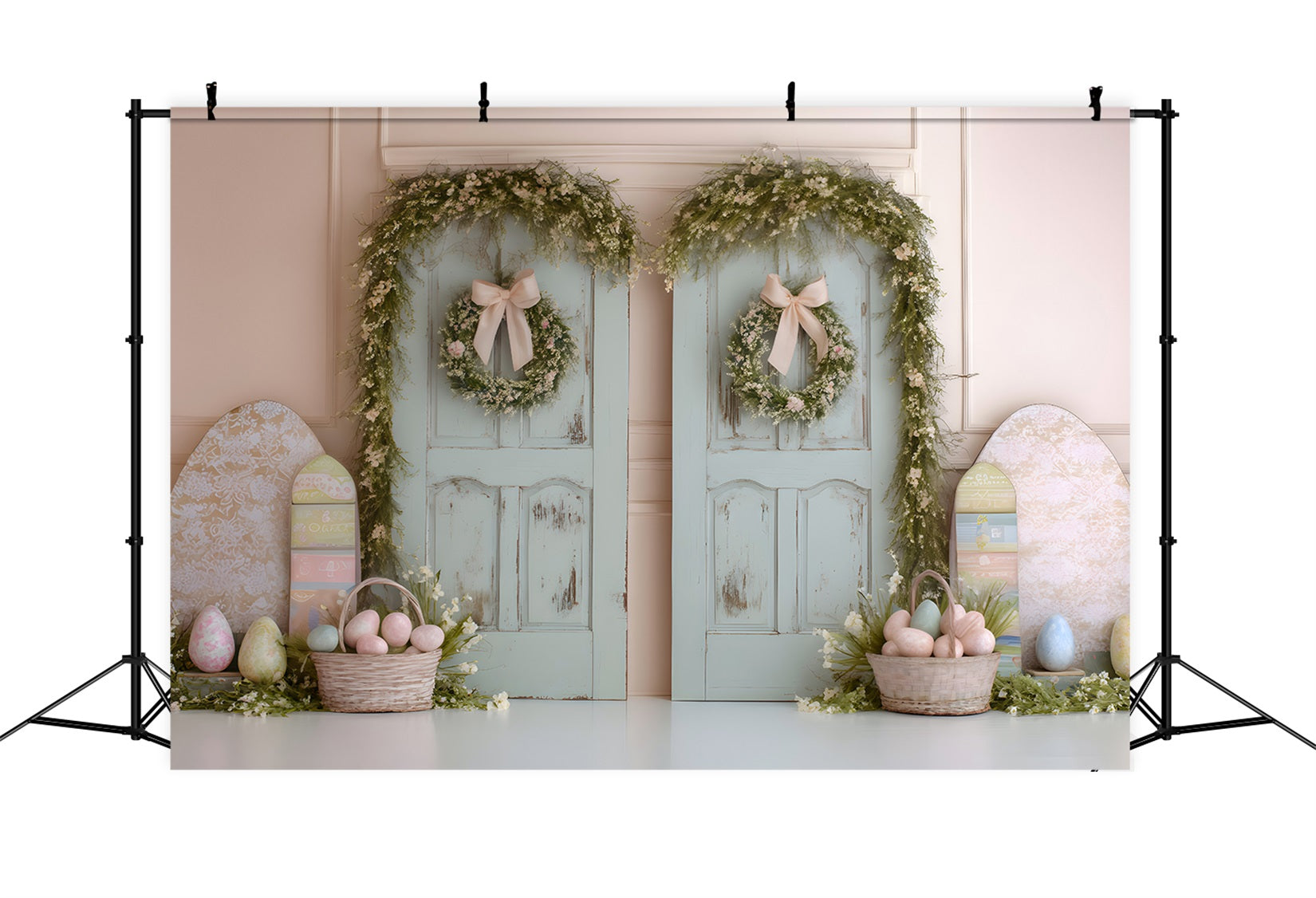 Happy Easter Backdrop Double Doors Egg Baskets Easter Backdrop Photo By Magali