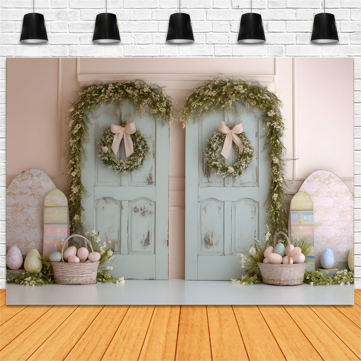 Happy Easter Backdrop Double Doors Egg Baskets Easter Backdrop Photo By Magali