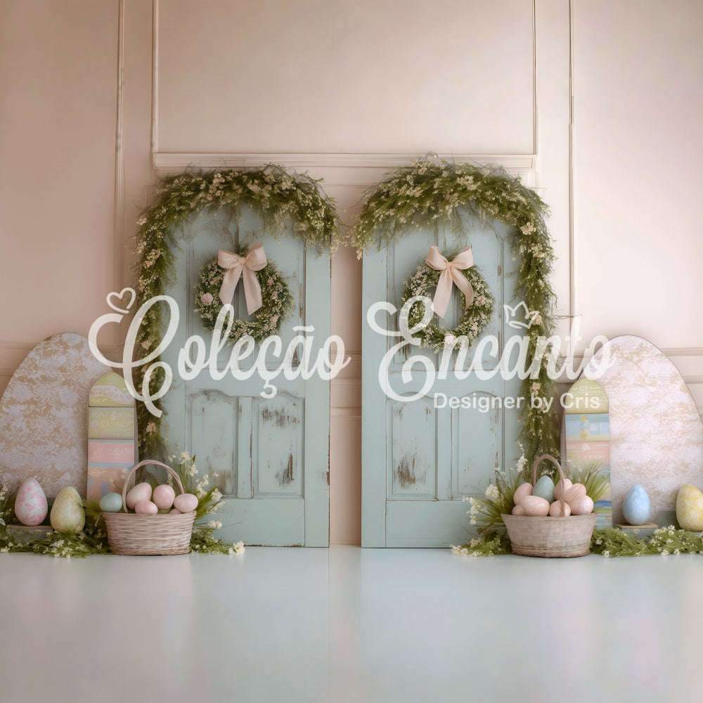 Happy Easter Backdrop Double Doors Egg Baskets Easter Backdrop Photo By Magali