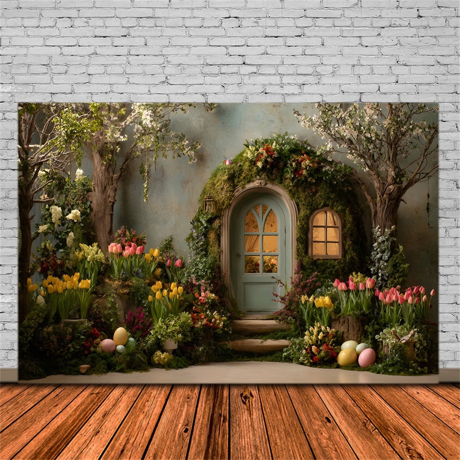 Easter Rustic Backdrop Mossy Arch Tulip Eggs Outdoor Easter Backdrops By Magali