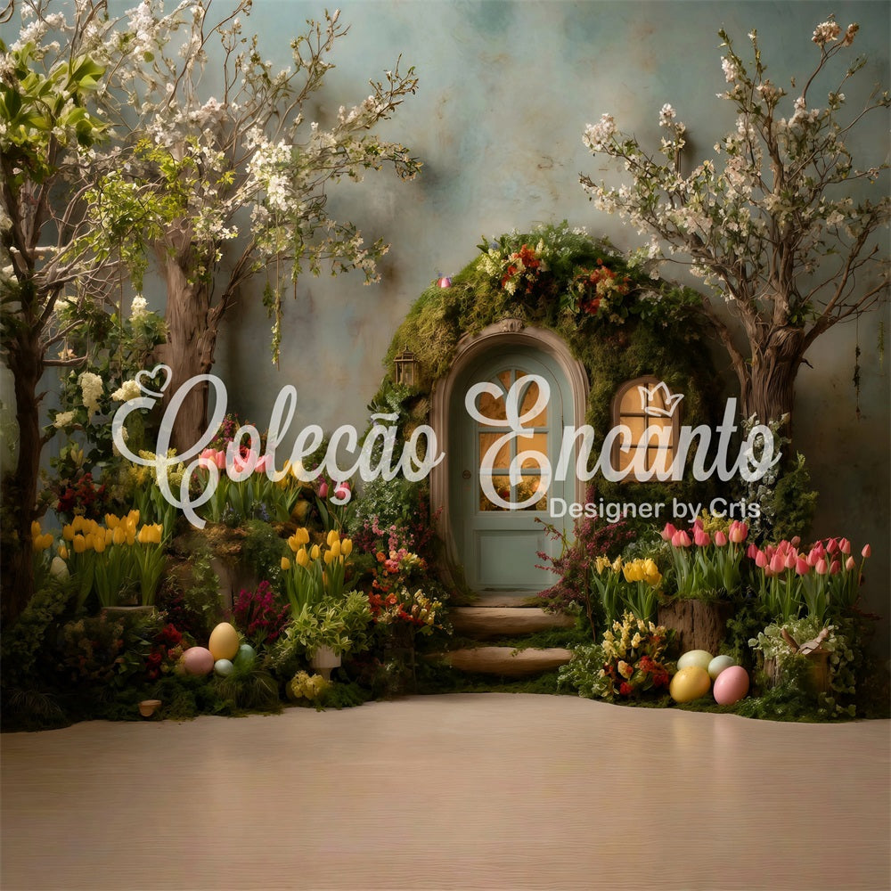 Easter Rustic Backdrop Mossy Arch Tulip Eggs Outdoor Easter Backdrops By Magali
