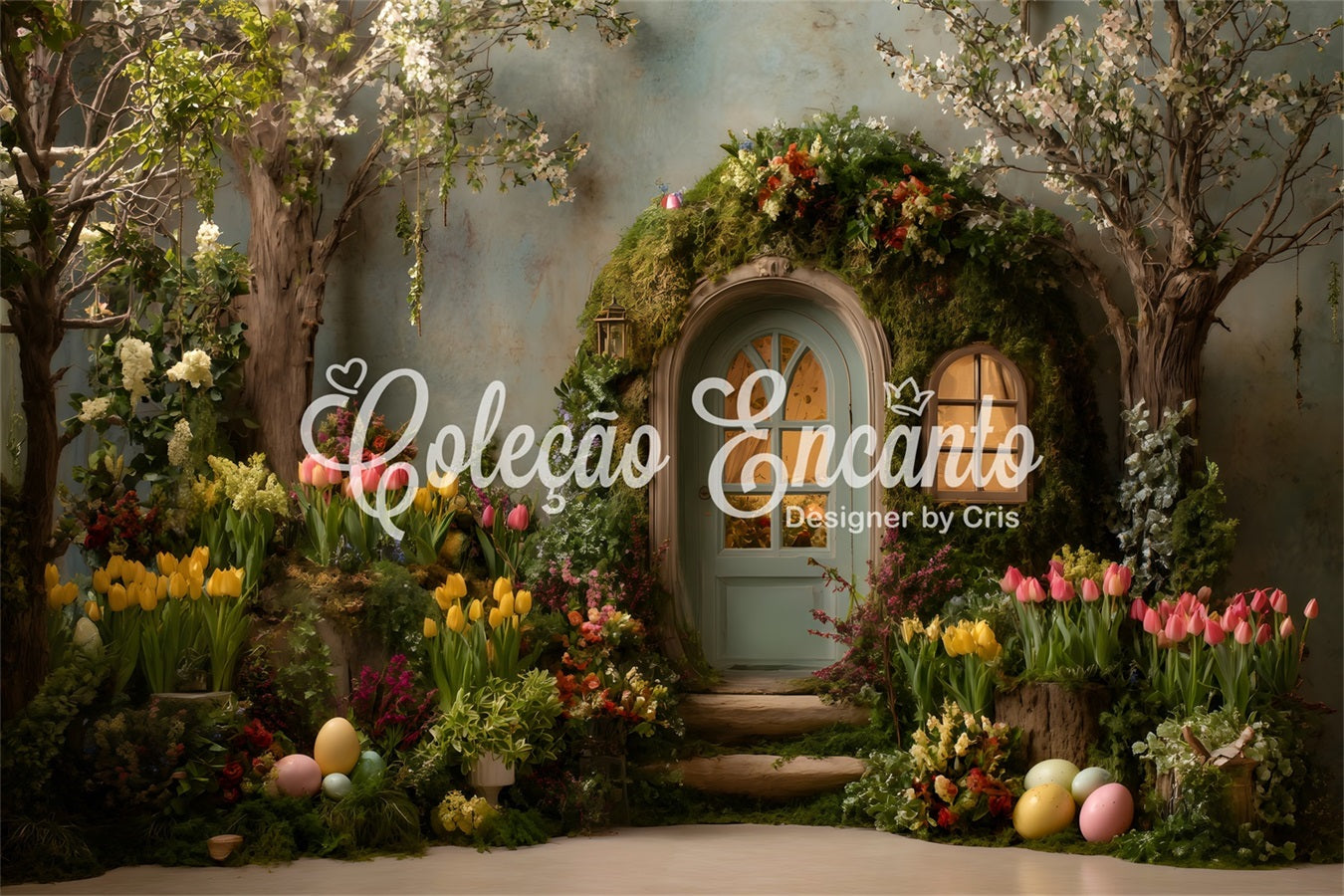 Easter Rustic Backdrop Mossy Arch Tulip Eggs Outdoor Easter Backdrops By Magali