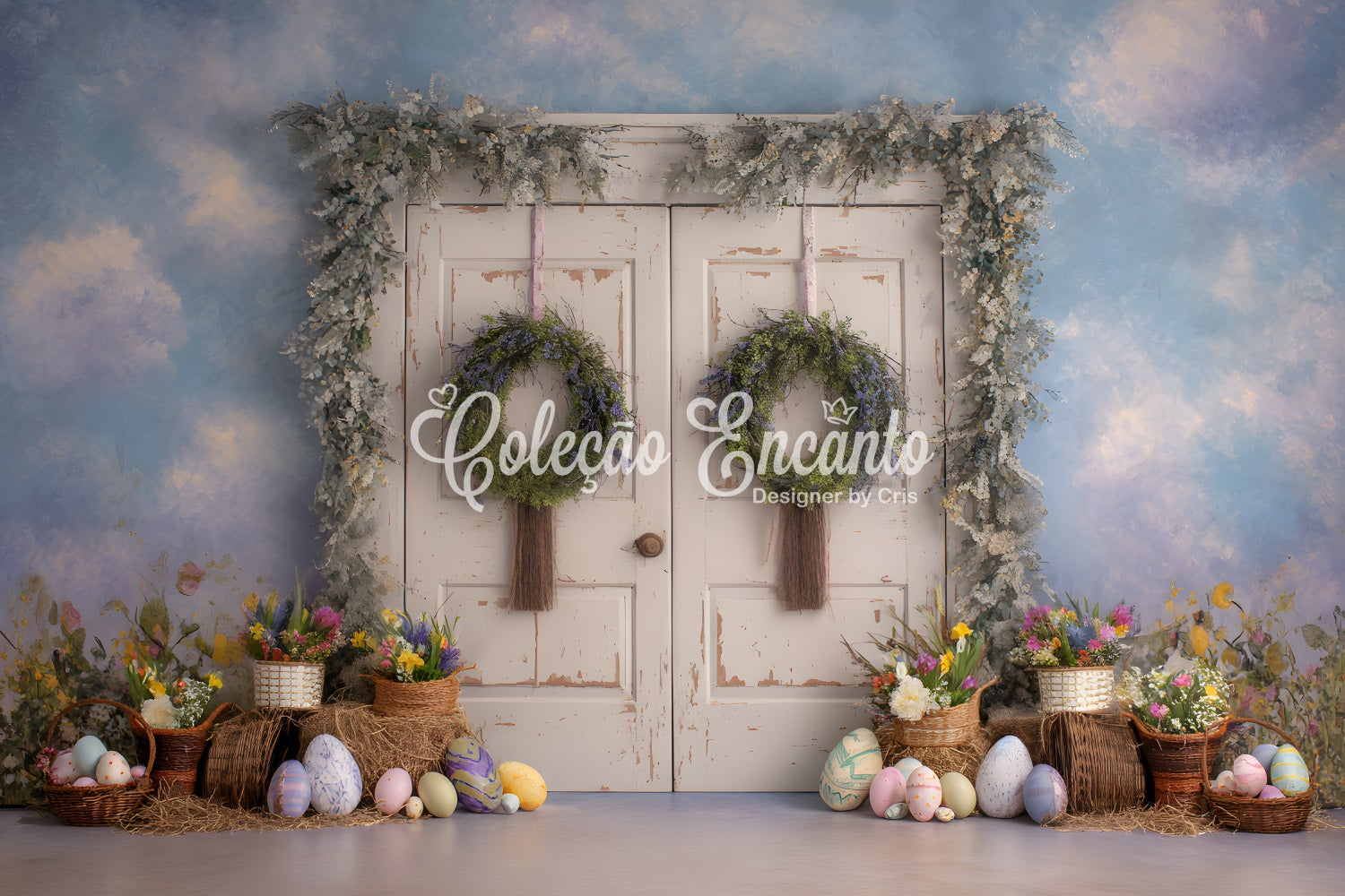 Easter Vintage Floral Backdrop Rustic Flower Door Egg Display Easter B