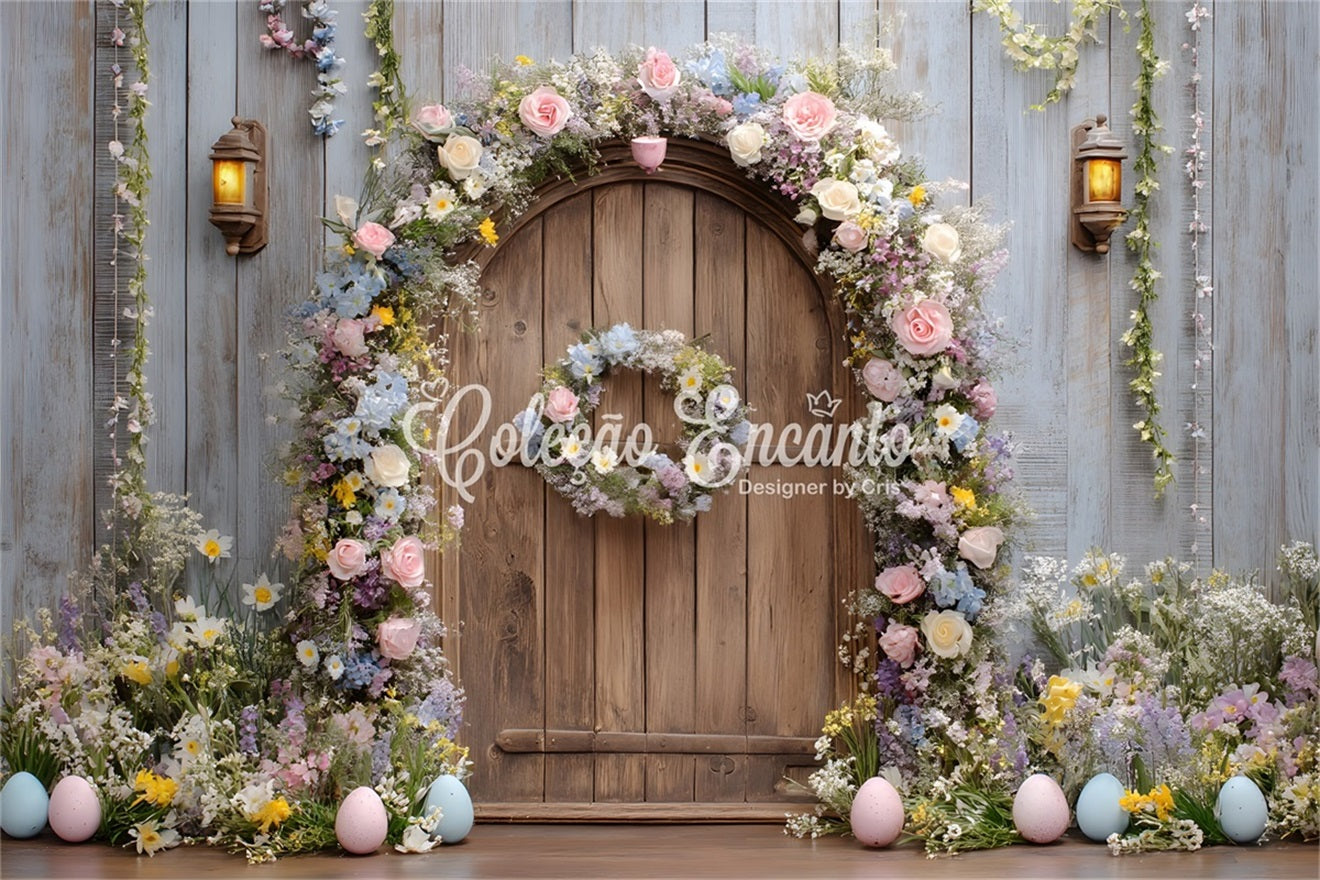 Easter Wreath Doorway Backdrop Rustic Floral Wooden Door Easter Backdrops For Photography By Magali