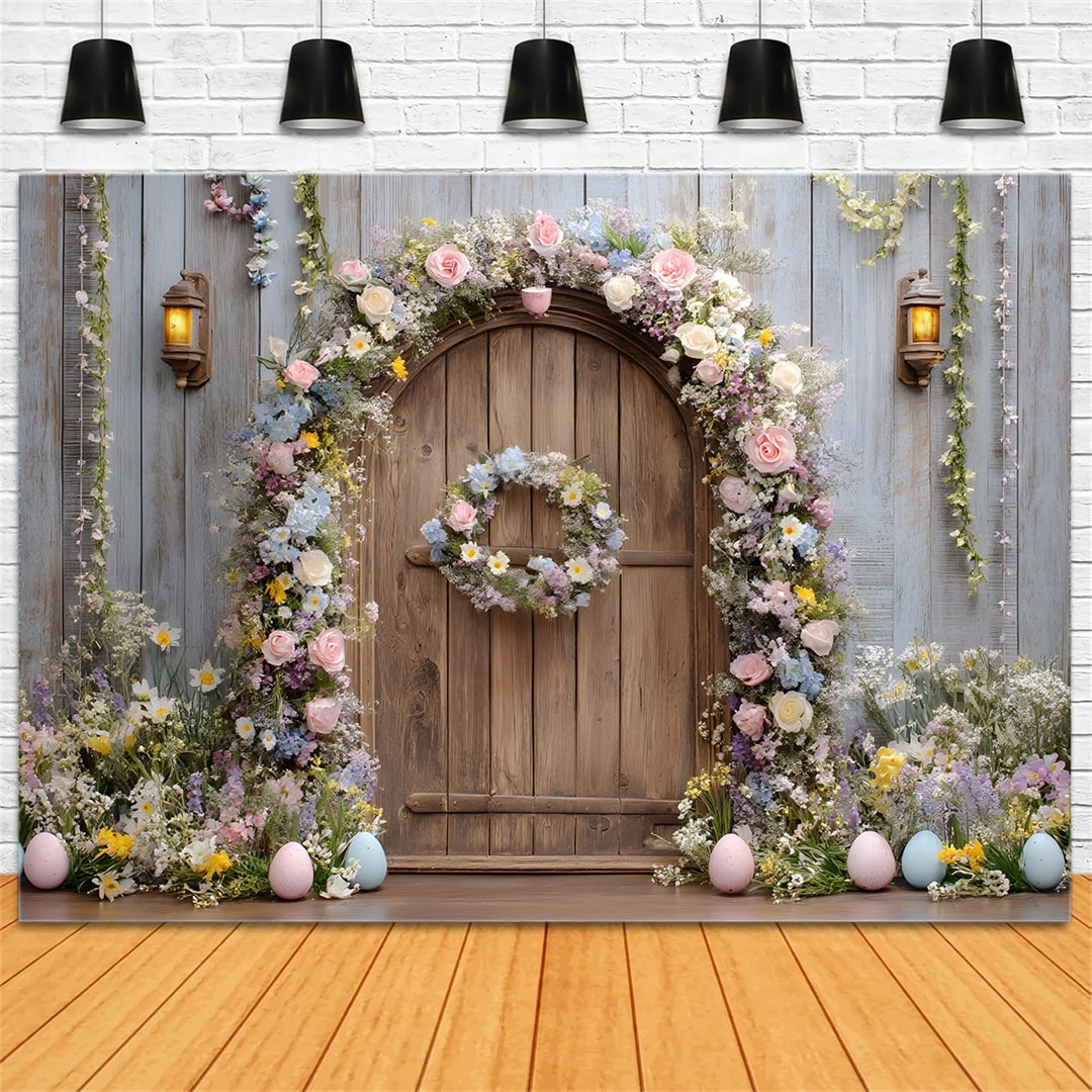 Easter Wreath Doorway Backdrop Rustic Floral Wooden Door Easter Backdrops For Photography By Magali