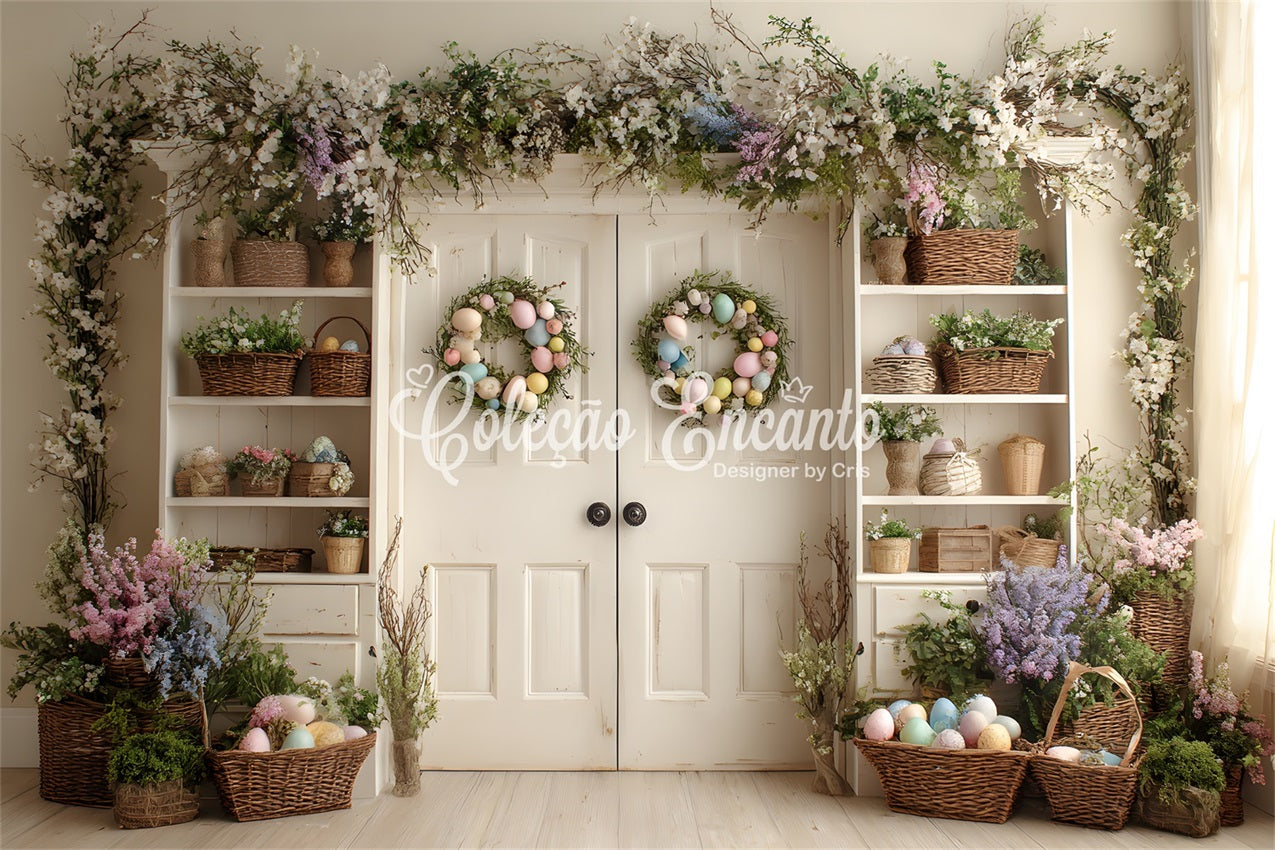 Easter Spring Floral Wreath Backdrop Cabinet Egg Wreaths Easter Picture Backdrops By Magali