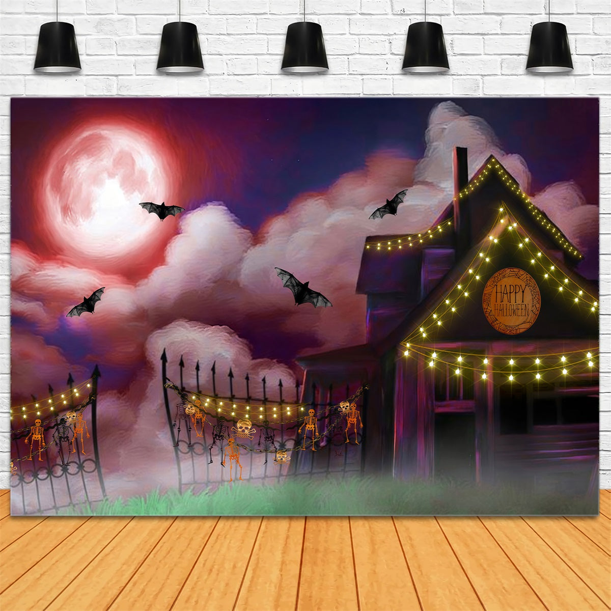 Children's Backdrop Moonlit Farmhouse String Lights Halloween Backdrop For Kids By Magali
