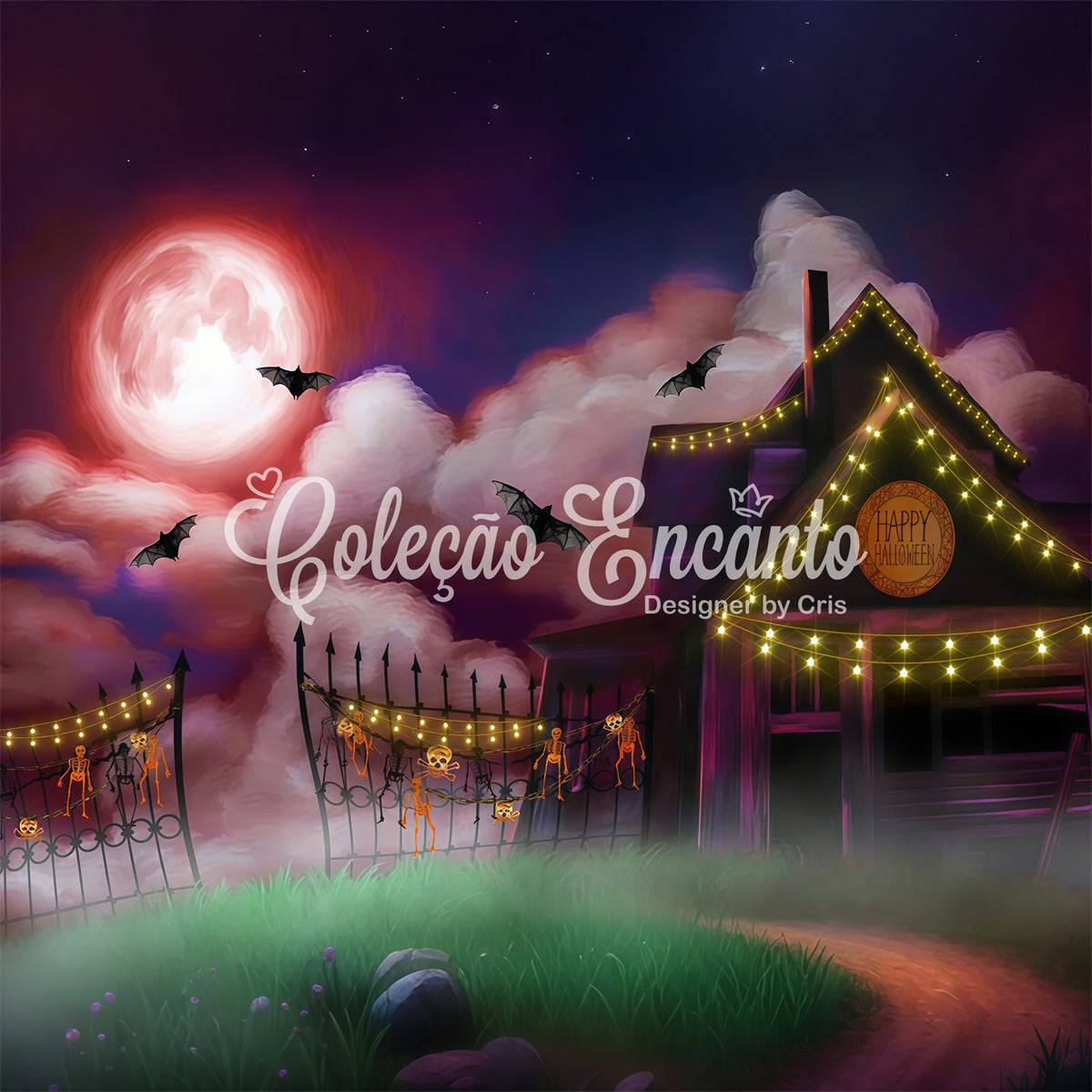 Children's Backdrop Moonlit Farmhouse String Lights Halloween Backdrop For Kids By Magali