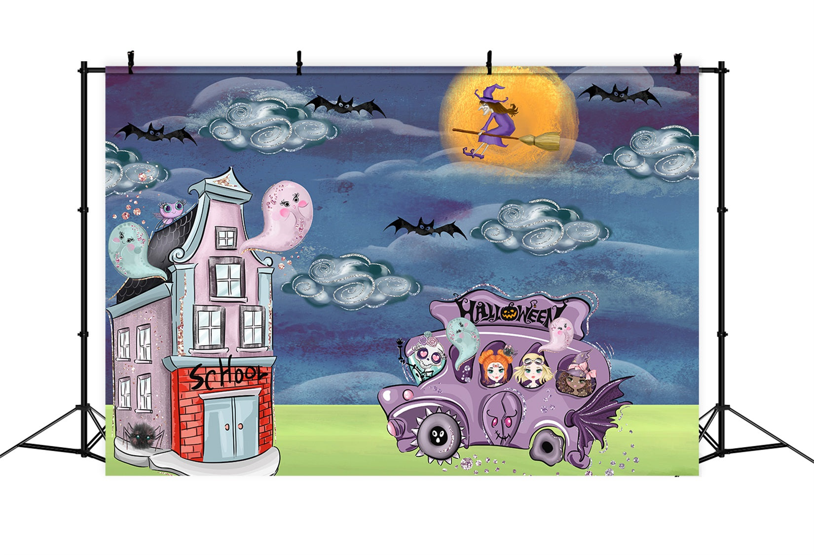 Newborn Photo Backdrop Spooky Bus Witch Moon Halloween Backdrops For Kids By Magali