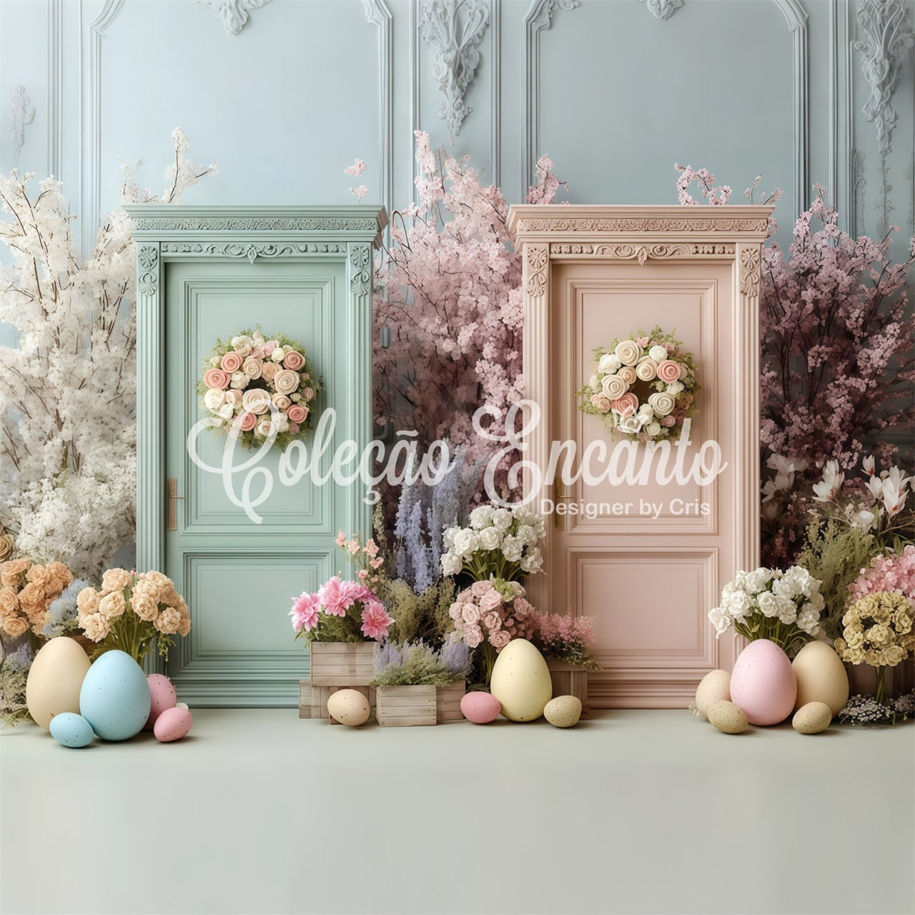 Easter Spring Floral Wreath Backdrop Dual Flower Doors Eggs Easter Backdrops For Photos By Magali