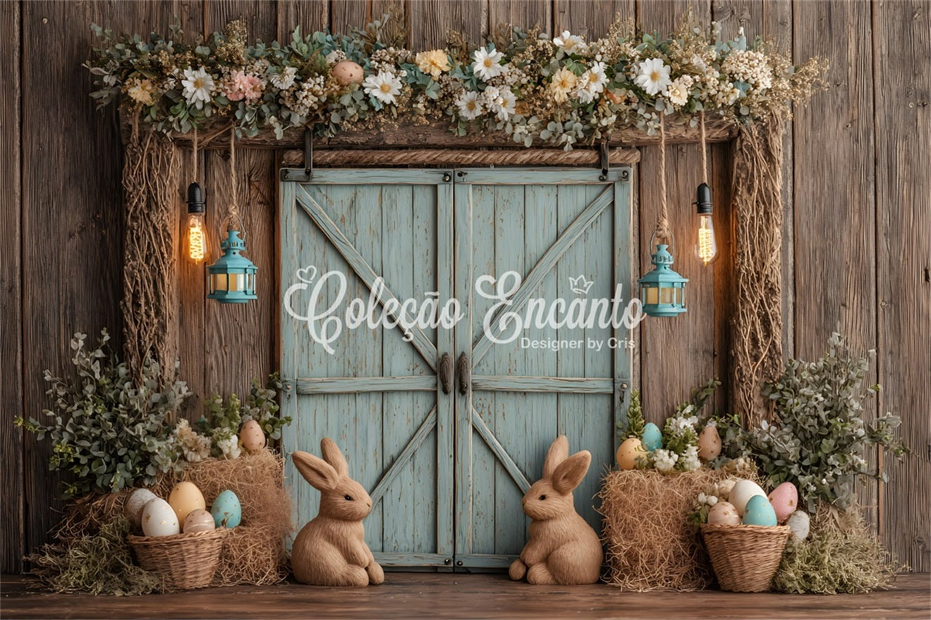 Easter Rustic Backdrop Rustic Bunny Egg Door Happy Easter Photo Backdrop By Magali