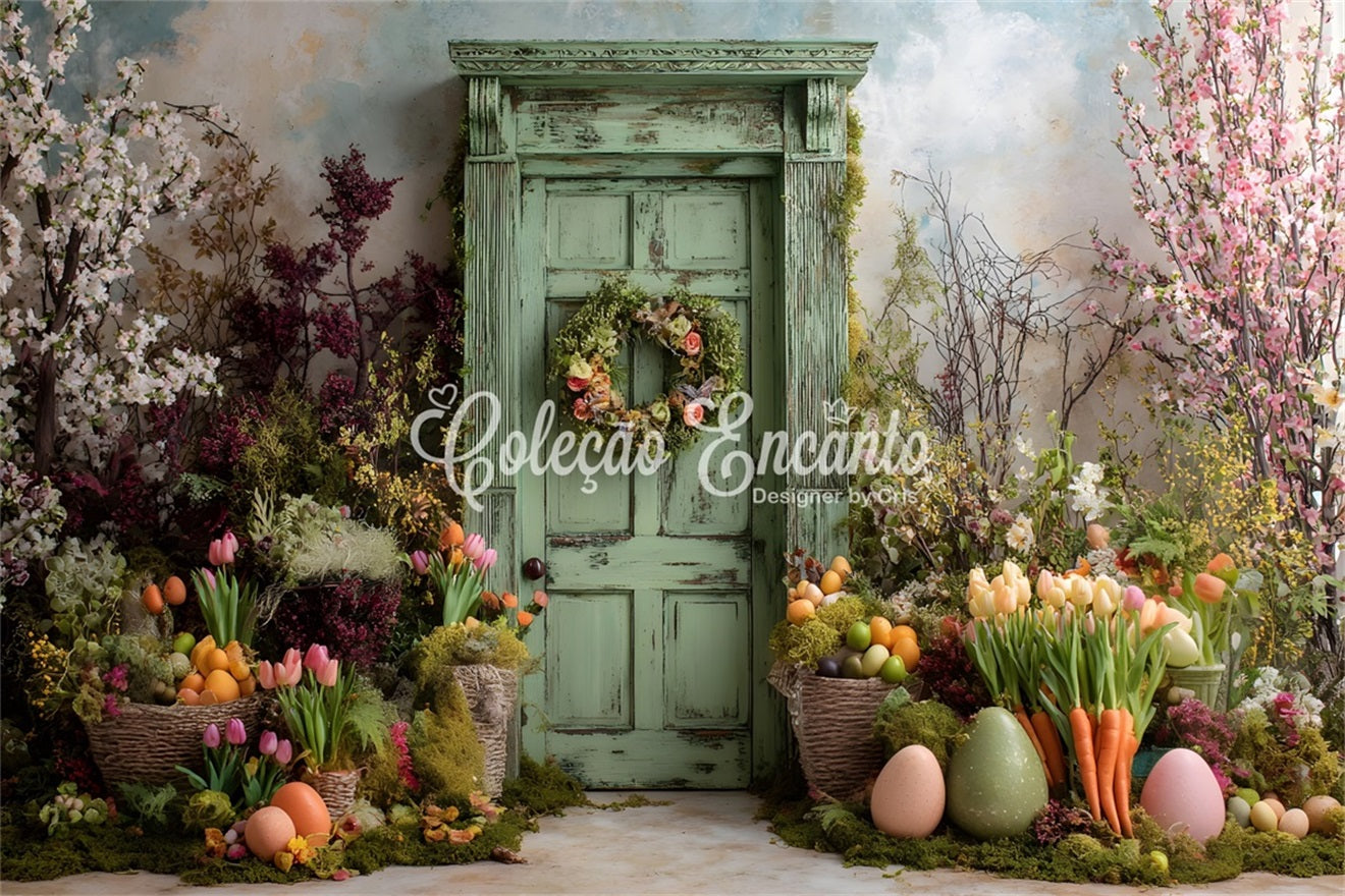 Easter Tulip Backdrop Mossy Rustic Green Door Egg Photo Backdrops For Easter By Magali