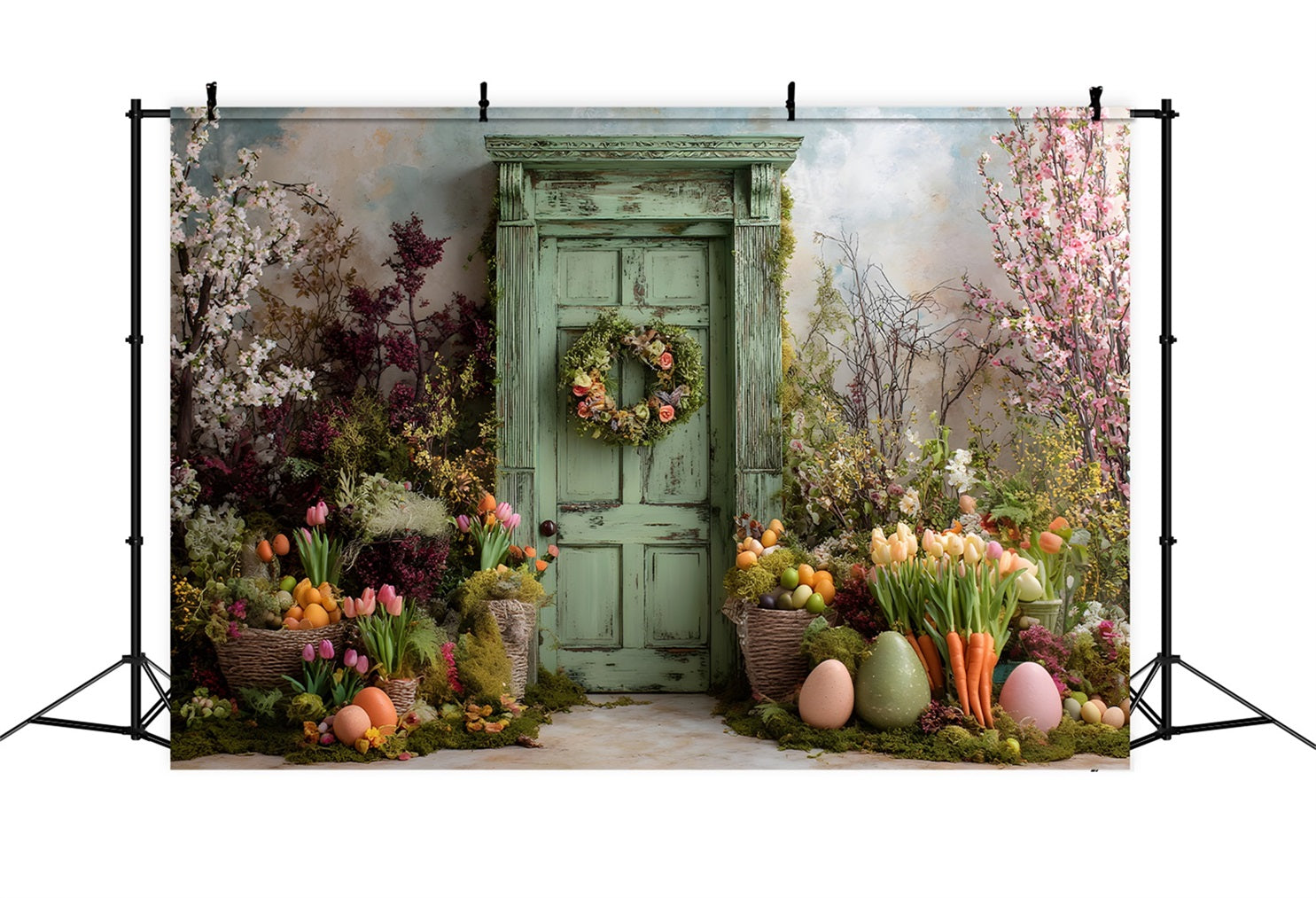 Easter Tulip Backdrop Mossy Rustic Green Door Egg Photo Backdrops For Easter By Magali
