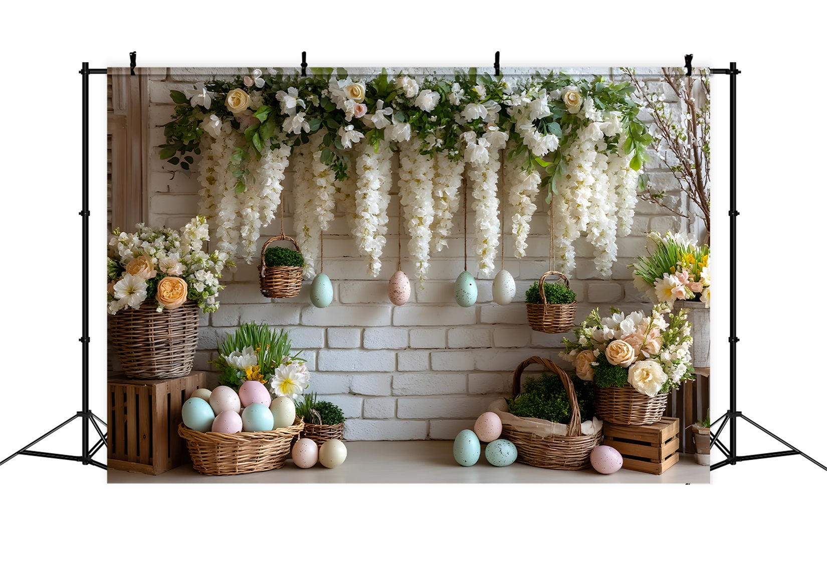 Easter Basket Backdrop White Floral Egg Wall Easter Themed Backdrops By Magali