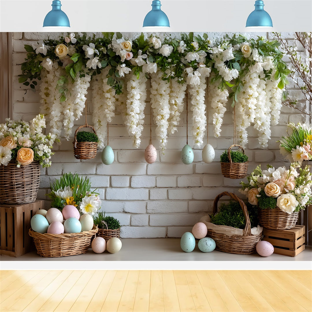 Easter Basket Backdrop White Floral Egg Wall Easter Themed Backdrops By Magali