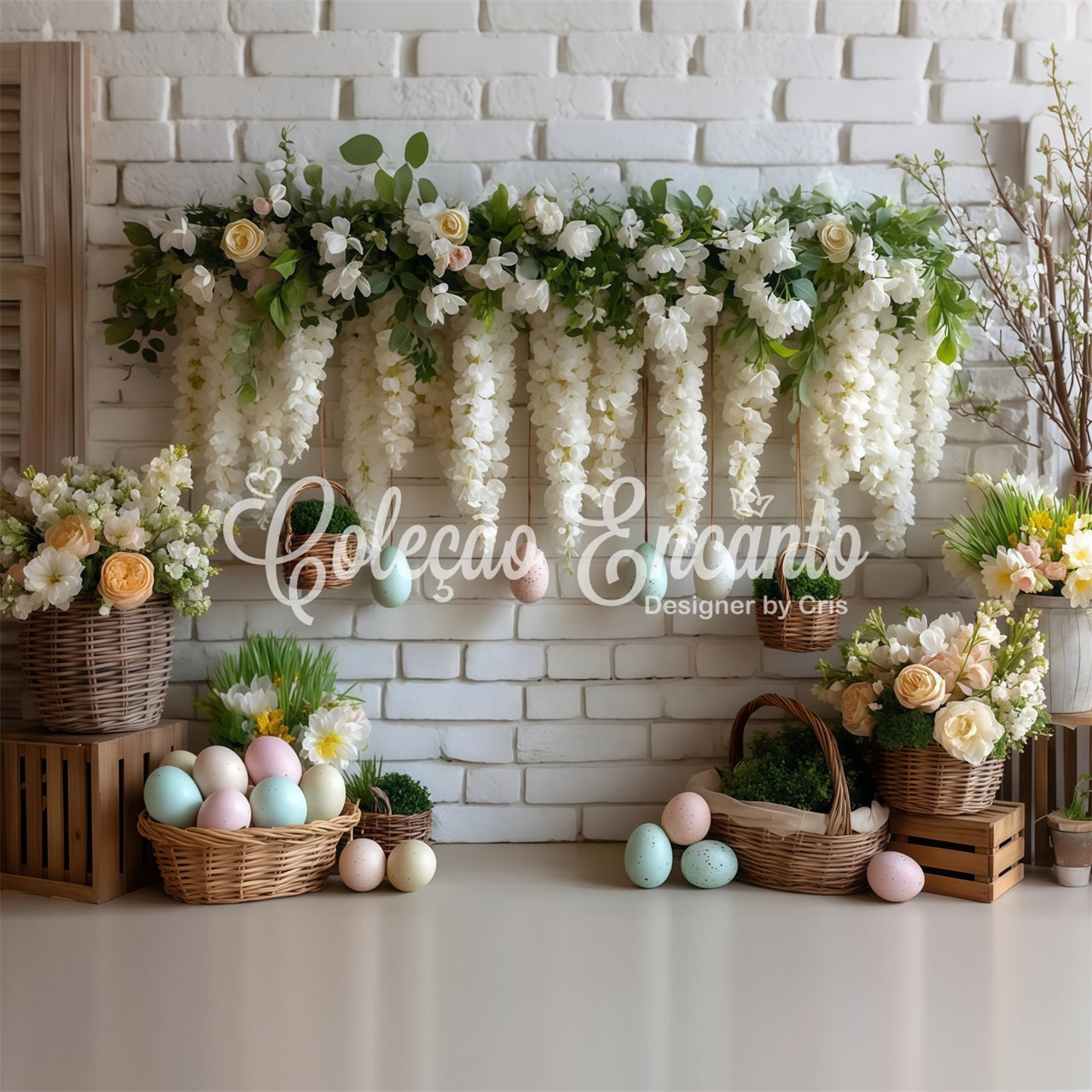 Easter Basket Backdrop White Floral Egg Wall Easter Themed Backdrops By Magali