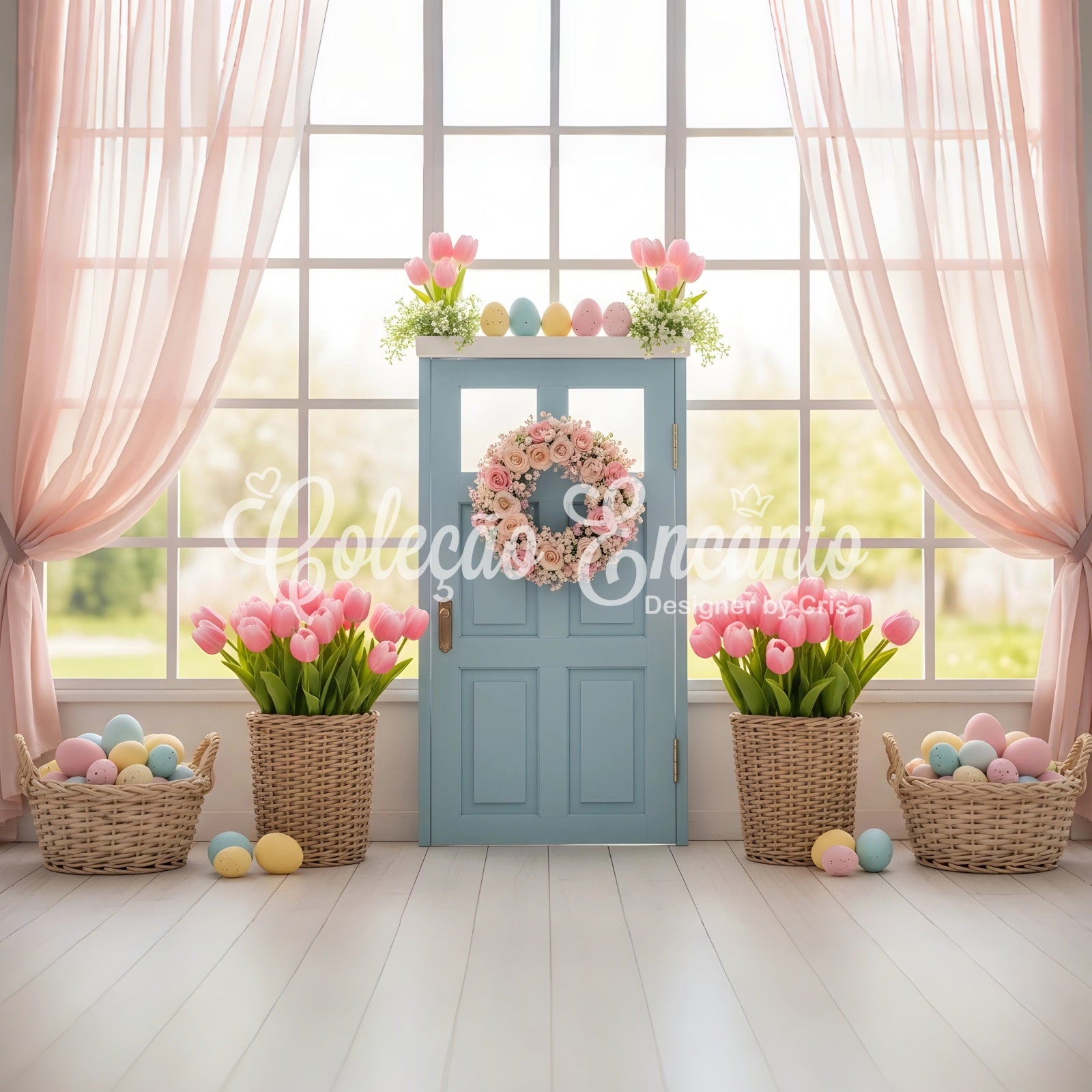 Easter Window Spring Light Backdrop Blue Door Tulip Egg Baskets Easter Backdrop Photos By Magali