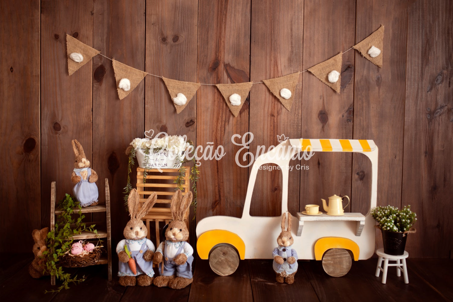 Children Backdrops Wooden Bunny Ice Cream Cart Easter Photo Backdrop By Magali