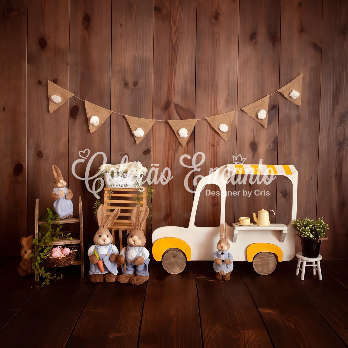 Children Backdrops Wooden Bunny Ice Cream Cart Easter Photo Backdrop By Magali