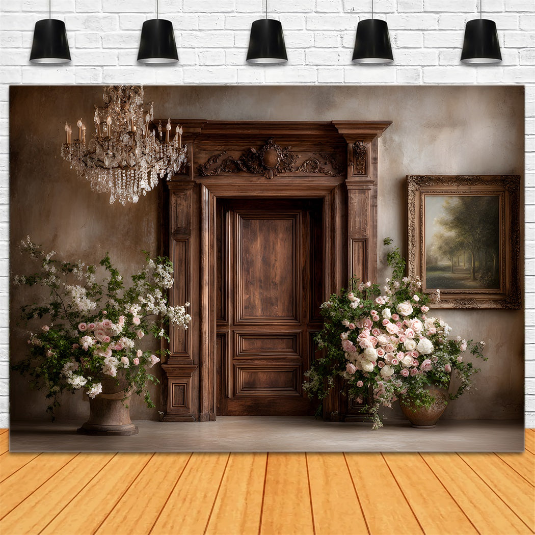 Mother's Day Photo Backdrop Rustic Wooden Door Flower Cascade Mothers Day Backdrops By Magali
