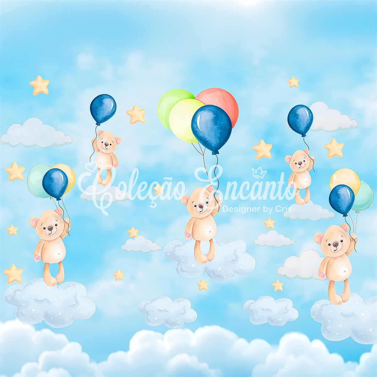 Kids Photo Backdrop Floating Teddy Balloon Sky Dream Stars Backdrop By Magali