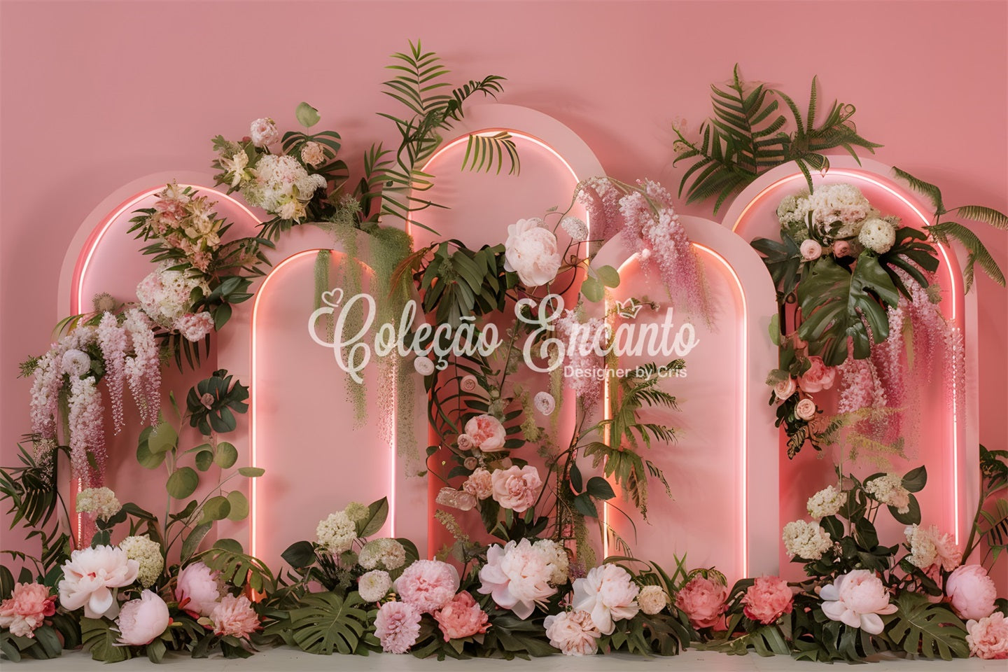 Mother's Day Backdrop Design Neon Arches Tropical Flowers Mother's Day Photo Backdrop By Magali