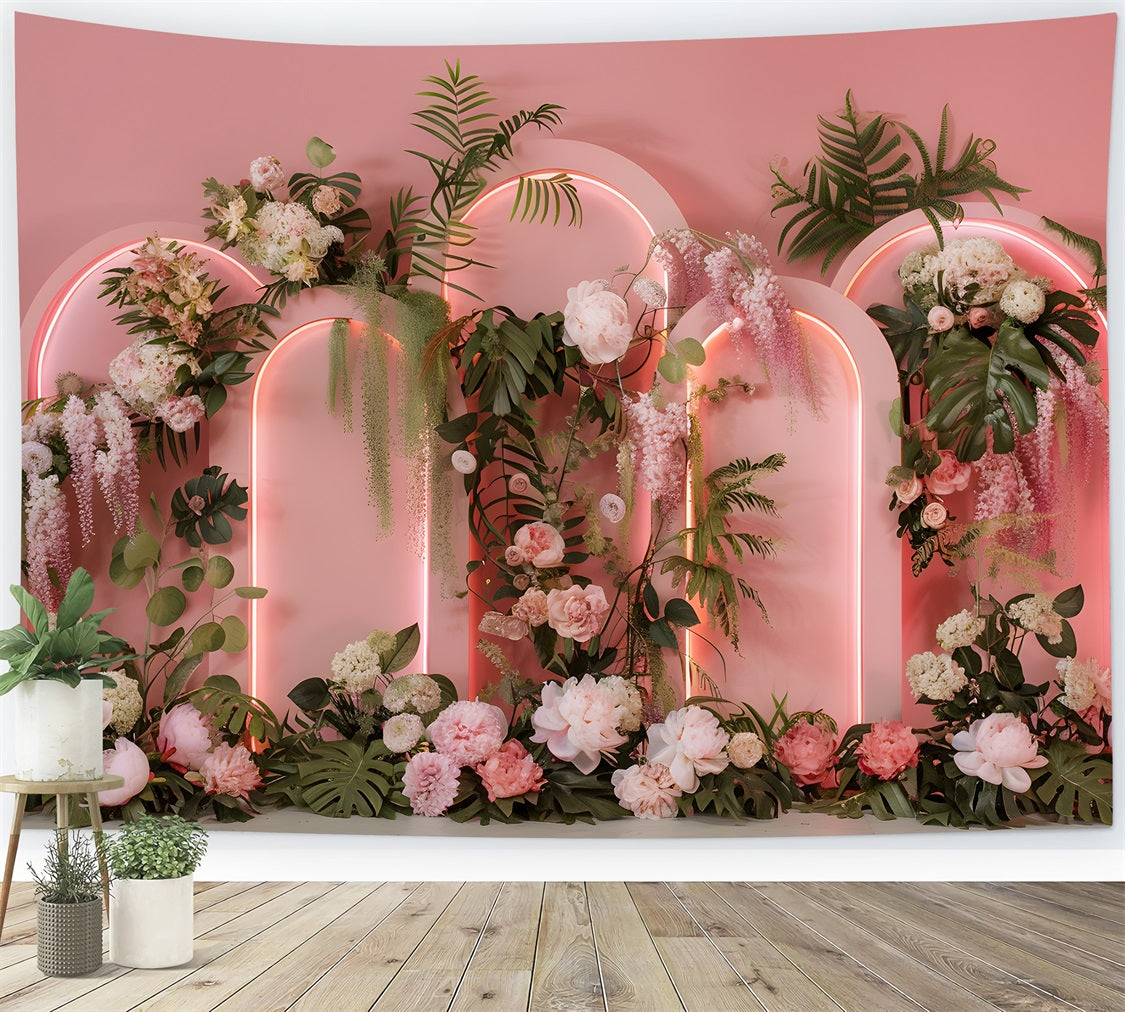 Mother's Day Backdrop Design Neon Arches Tropical Flowers Mother's Day Photo Backdrop By Magali