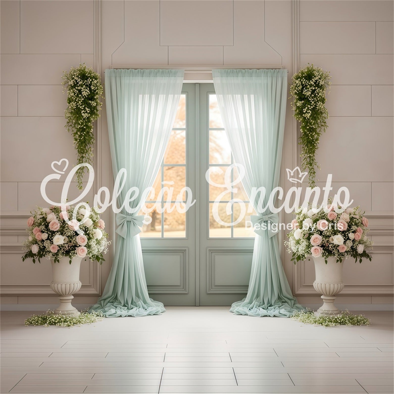 Backdrop For Mother's Day Mint Curtain Door Floral Urns Mothers Day Photography Backdrops By Magali