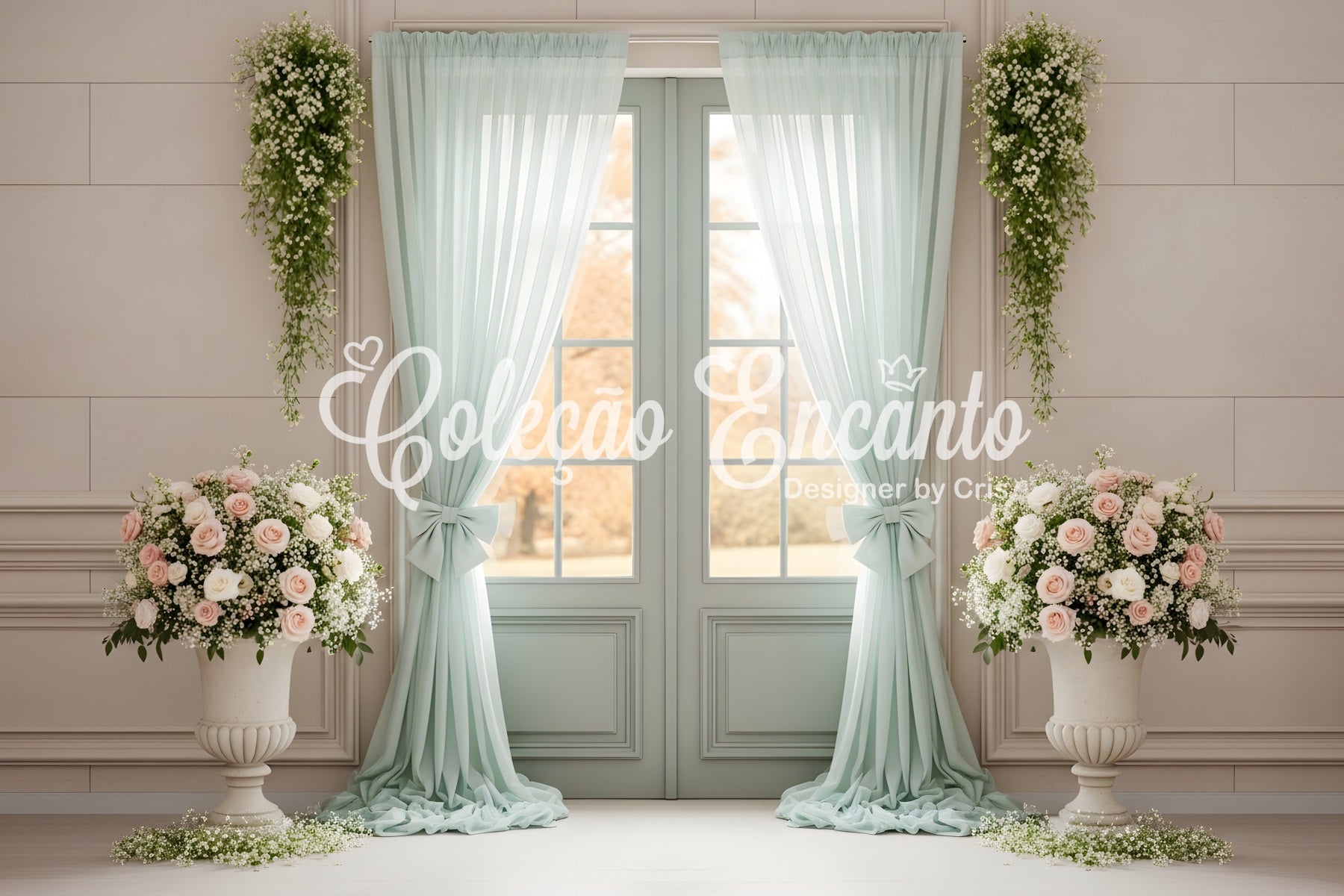 Backdrop For Mother's Day Mint Curtain Door Floral Urns Mothers Day Photography Backdrops By Magali