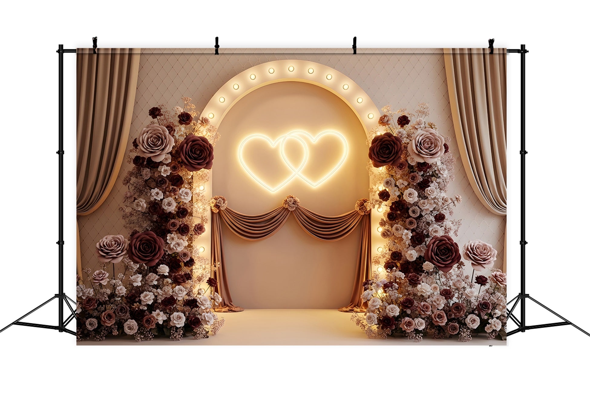 Mother's Day Photo Booth Backdrop Burgundy Twin Hearts Floral Glow Backdrops For Mothers Day By Magali