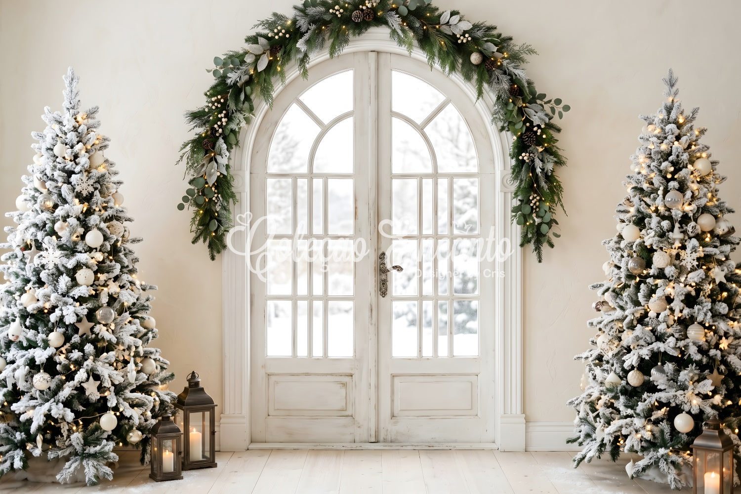 Christmas Themed Backdrop Elegant Arched Door Snowy Trees Christmas Photo Booth Backdrop CEM65-100