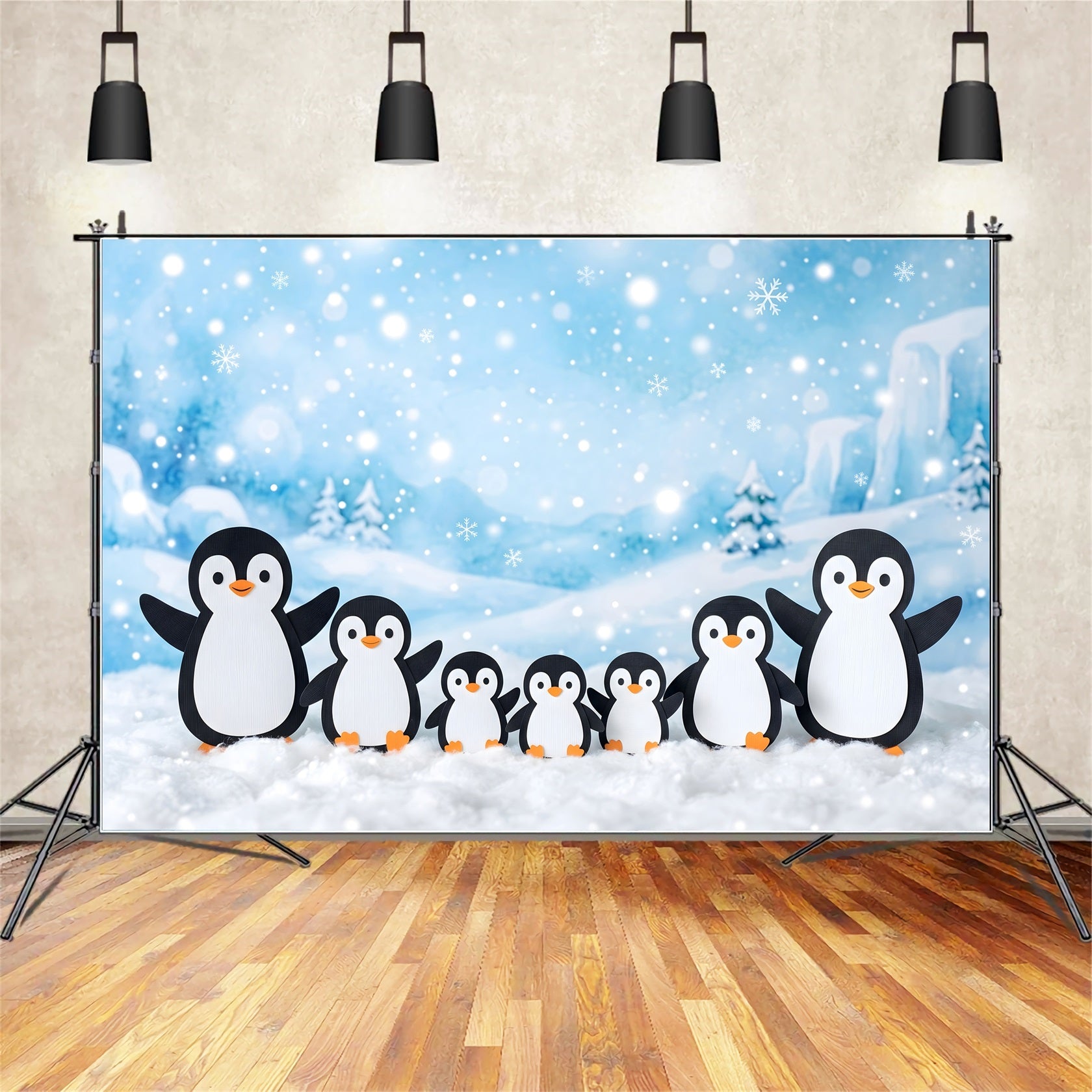 Snowy Christmas Backdrop Snowy Penguin Family Winter Wonderland Photo Backdrop Christmas CEM65-101