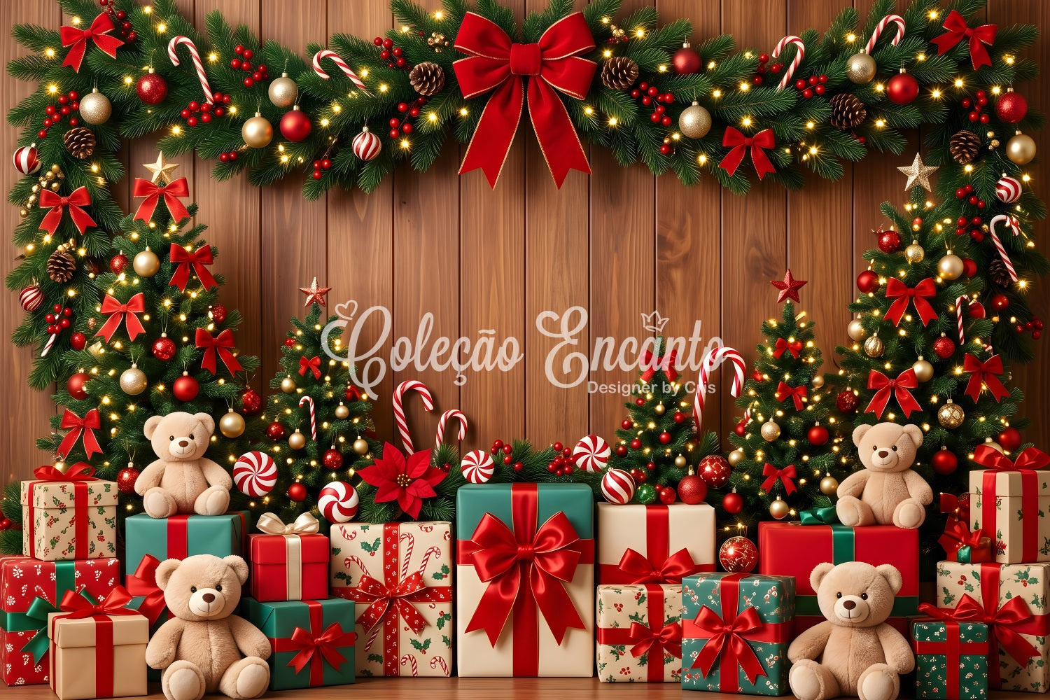 Photo Backdrop Christmas Candy Cane Teddy Gift Garland Christmas Backdrops Photography CEM65-103