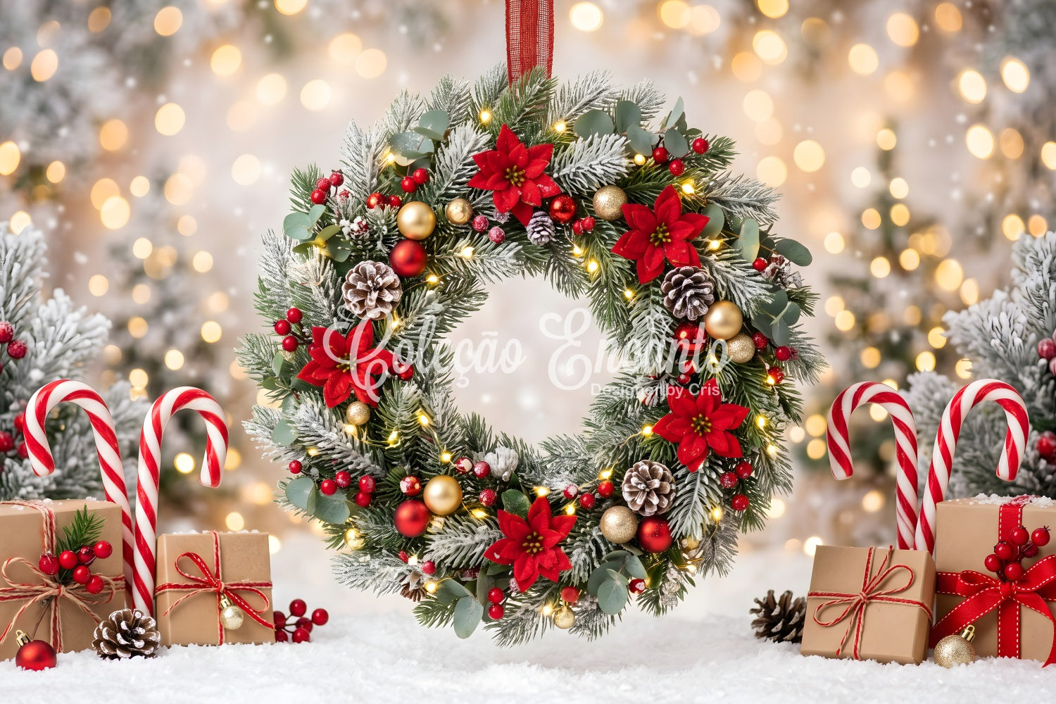 Christmas Lights Backdrop Frosted Poinsettia Wreath Candy Christmas Backdrop For Photography CEM65-104