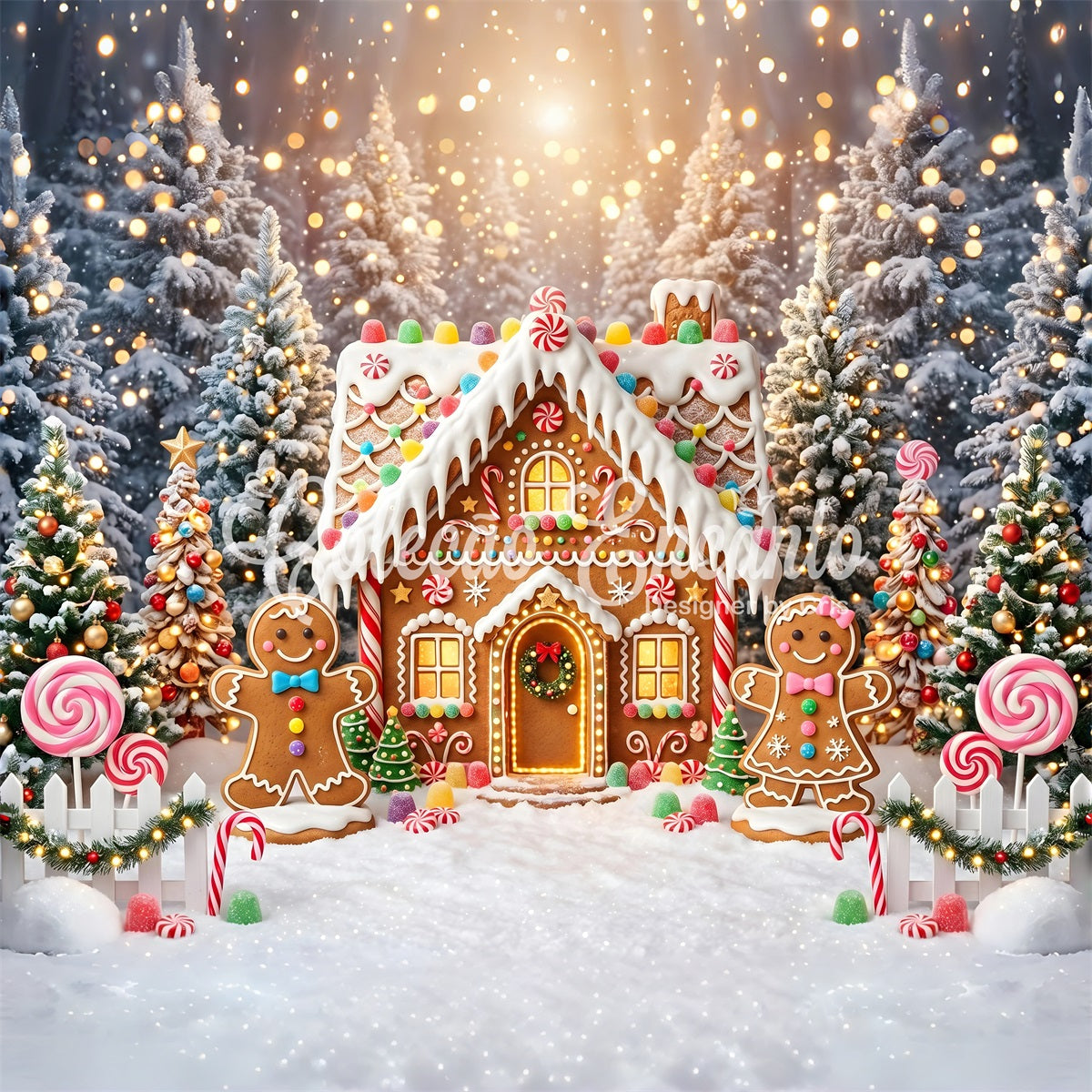 Christmas Village Backdrops Glowing Gingerbread Candy Cottage Photography Christmas Backdrops CEM65-105