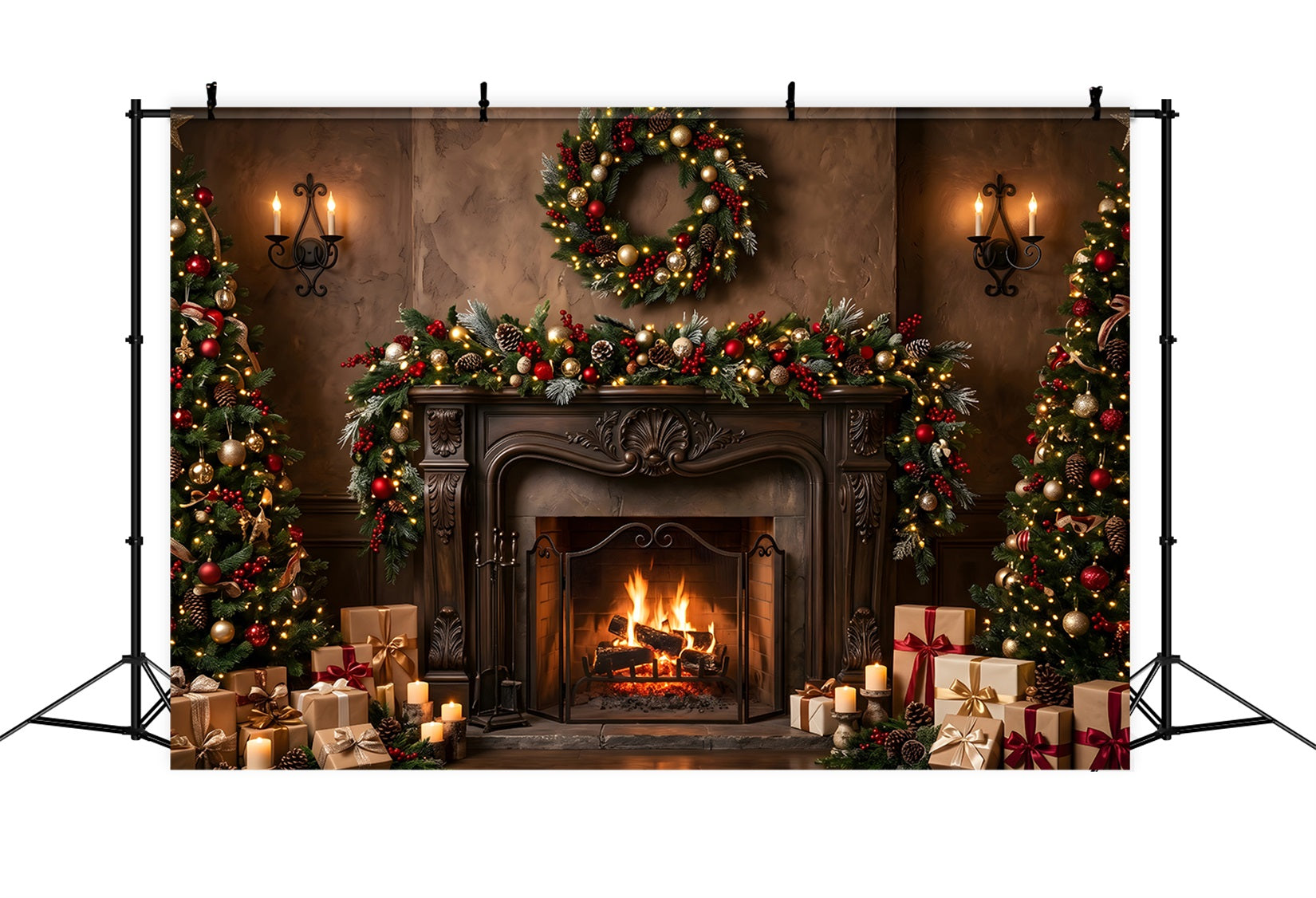Large Christmas Backdrops Elegant Fireplace Wreath Candle Glow Christmas Backdrop For Pictures CEM65-107