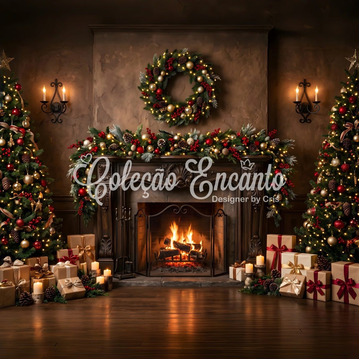 Large Christmas Backdrops Elegant Fireplace Wreath Candle Glow Christmas Backdrop For Pictures CEM65-107