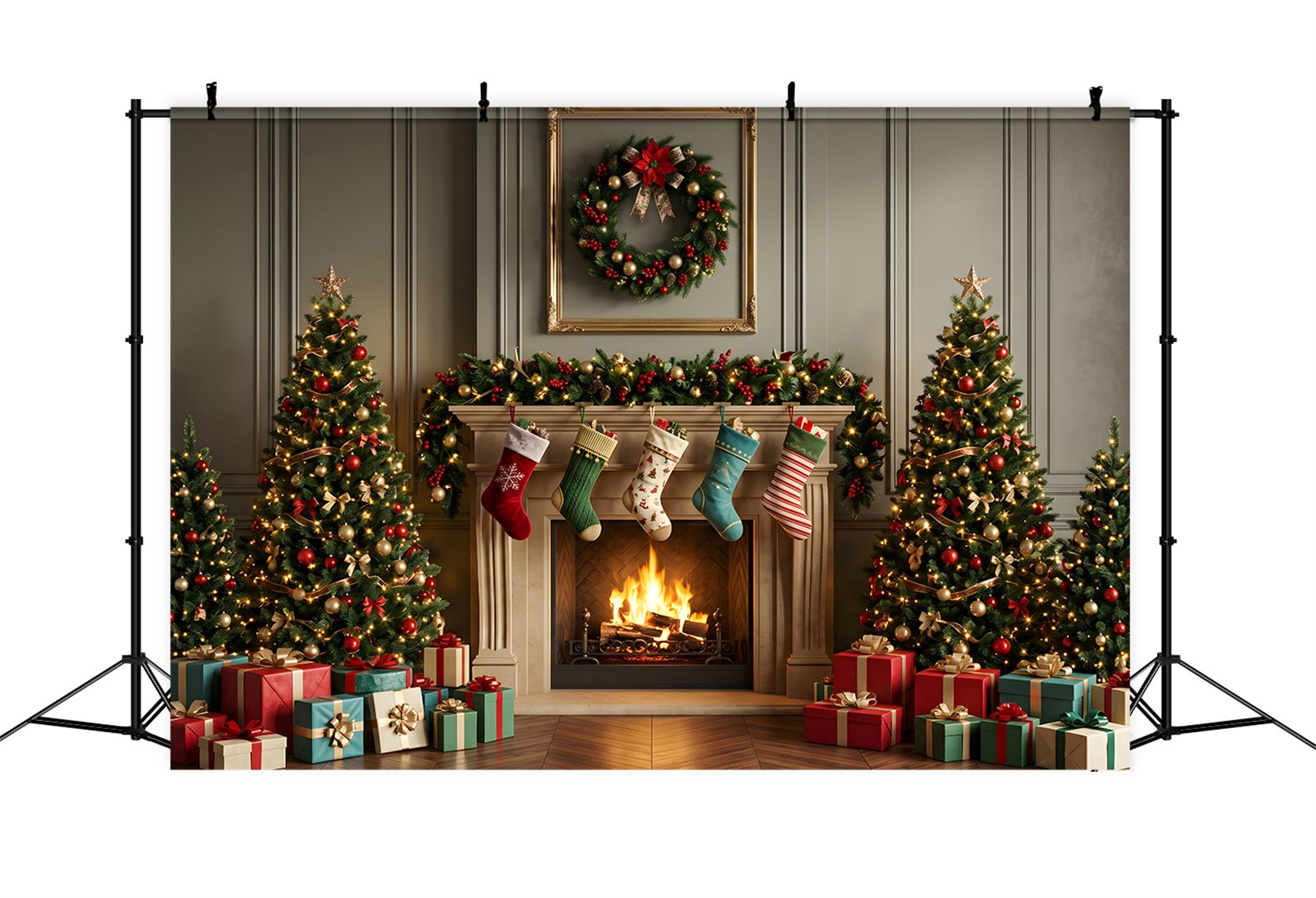 Christmas Backdrops Photography Classic Mantel Stockings Tree Christmas Backdrop CEM65-109