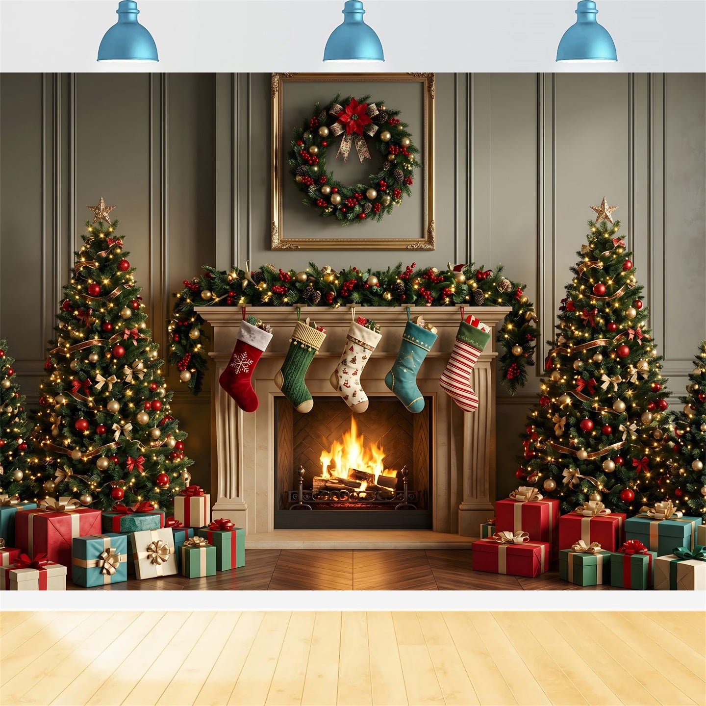 Christmas Backdrops Photography Classic Mantel Stockings Tree Christmas Backdrop CEM65-109