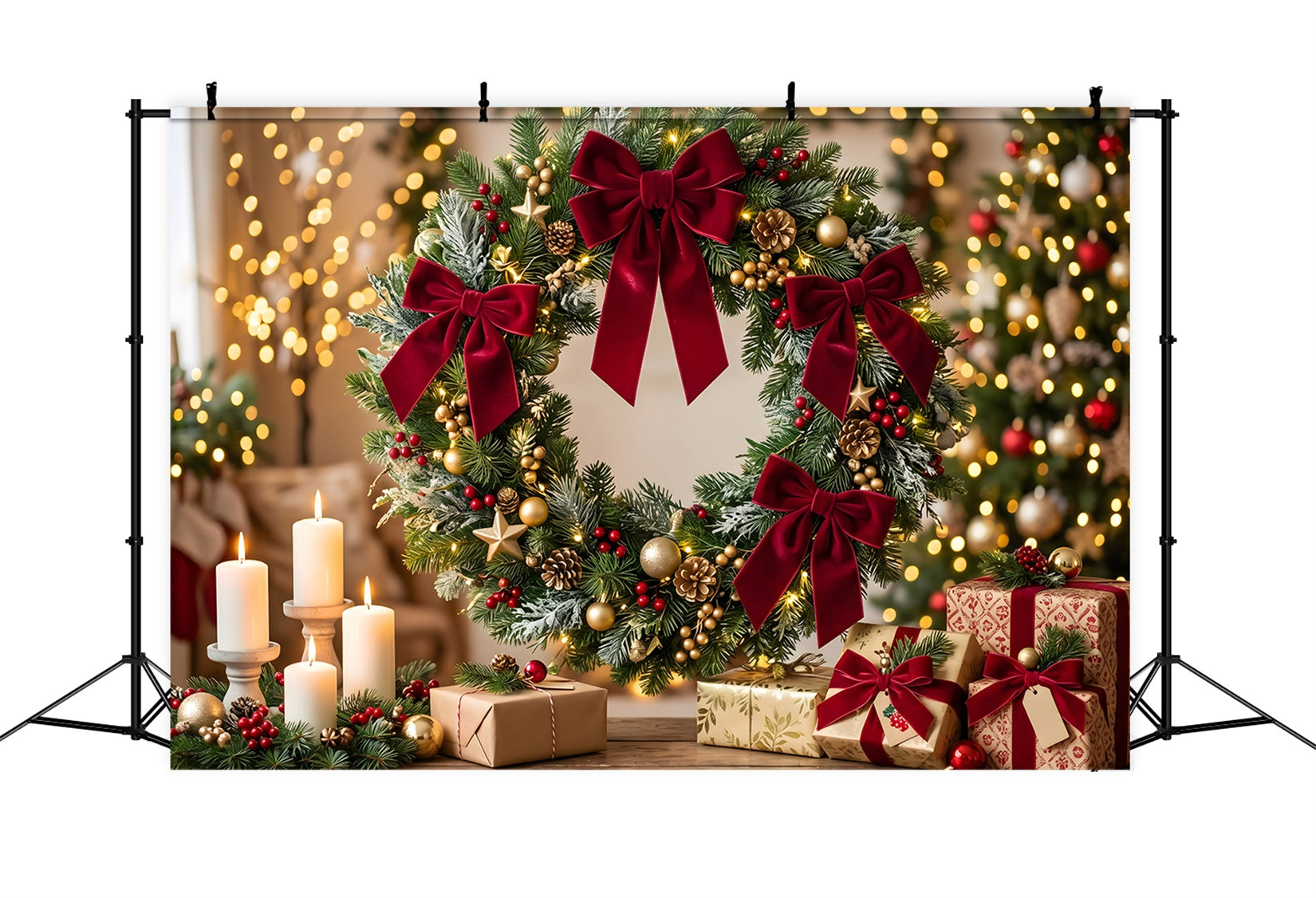 Christmas Backdrop For Photography Velvet Bow Wreath Candle Christmas Backdrop CEM65-110
