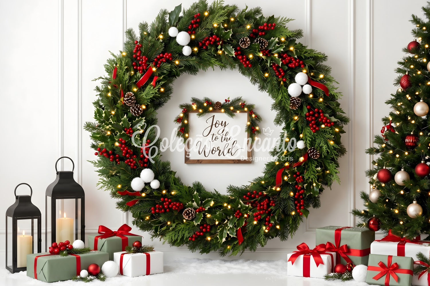Christmas Wall Backdrop Holly Berry Wreath Lantern Gifts Photography Christmas Backdrop CEM65-111