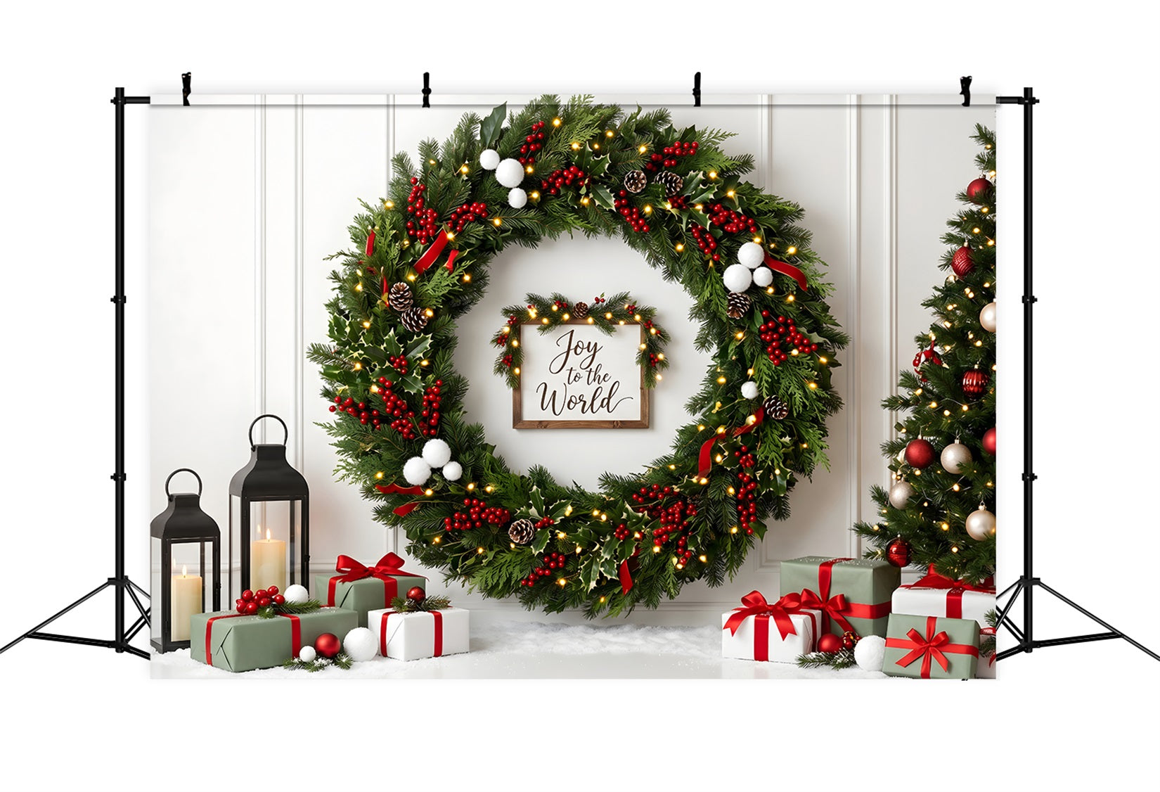 Christmas Wall Backdrop Holly Berry Wreath Lantern Gifts Photography Christmas Backdrop CEM65-111