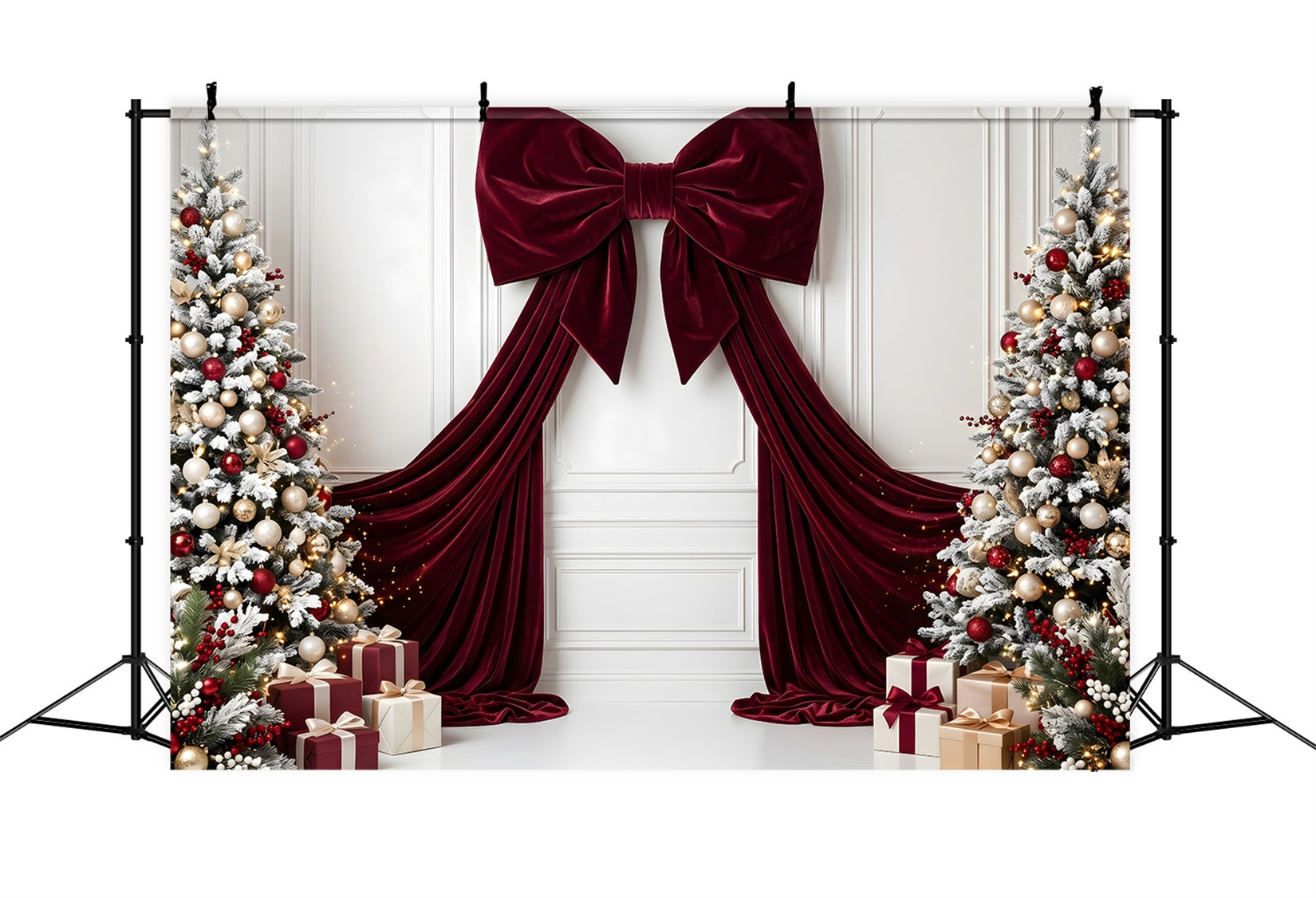 Christmas Backdrop Burgundy Velvet Bow Frosted Trees Christmas Backdrop For Photoshoot CEM65-113