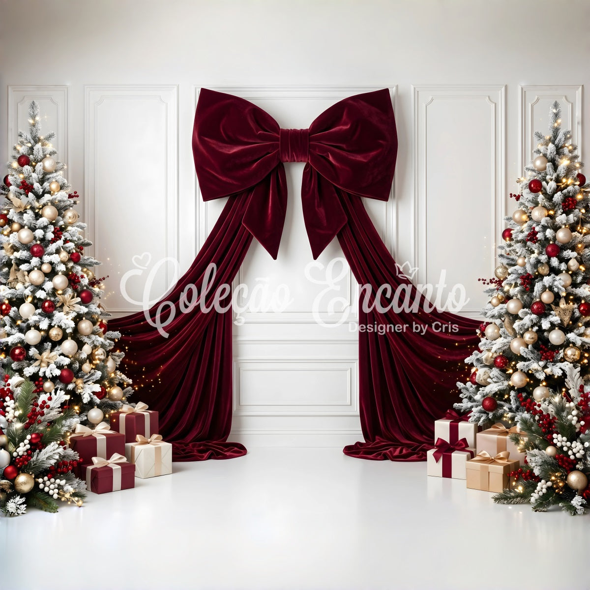 Christmas Backdrop Burgundy Velvet Bow Frosted Trees Christmas Backdrop For Photoshoot CEM65-113