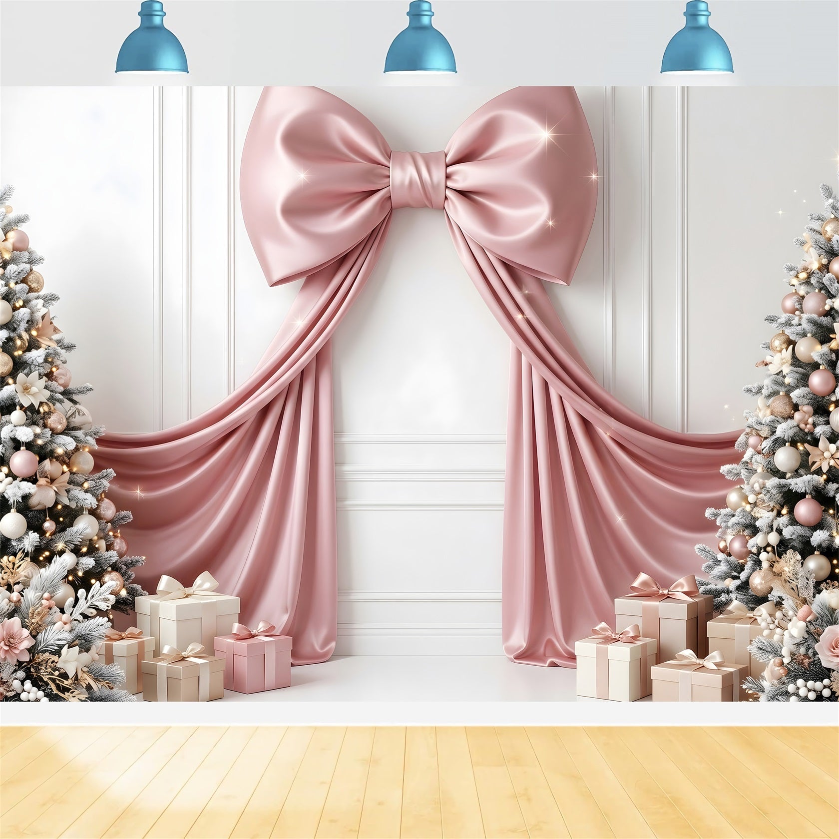 Christmas Backdrop For Wall Pink Satin Bow Gift Trees Backdrop Christmas Photo Booth CEM65-114