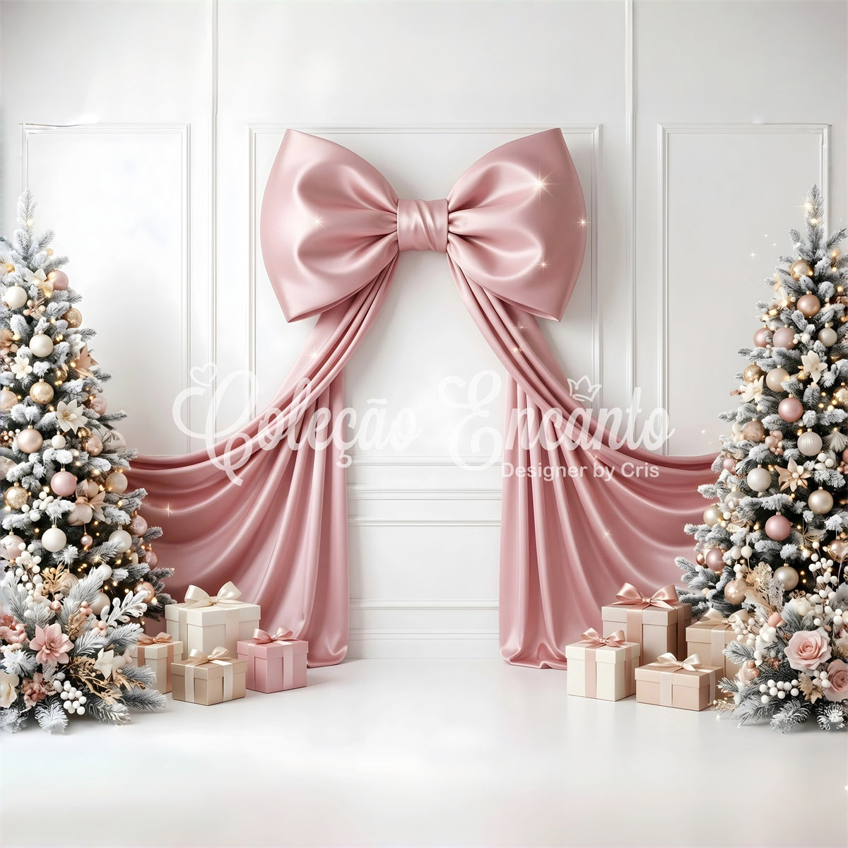 Christmas Backdrop For Wall Pink Satin Bow Gift Trees Backdrop Christmas Photo Booth CEM65-114