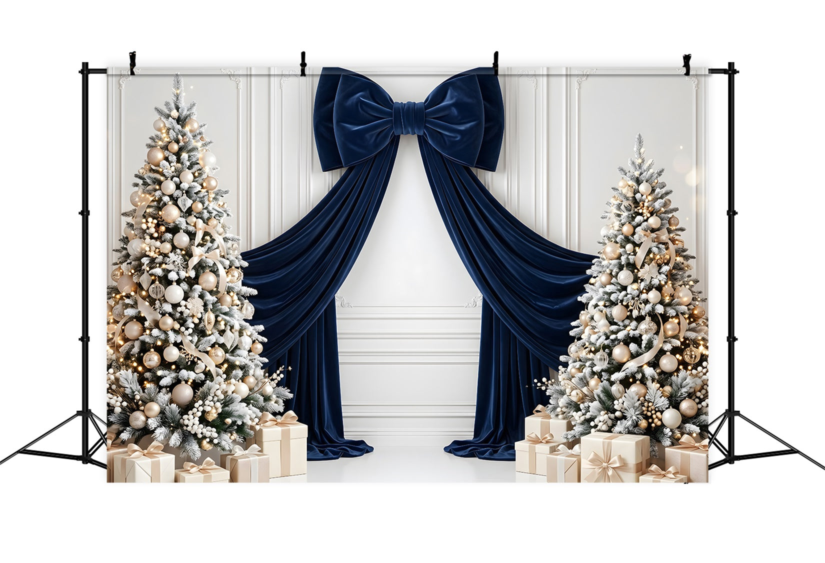Christmas Themed Backdrops Navy Velvet Bow Frosted Trees Christmas Studio Backdrop CEM65-115
