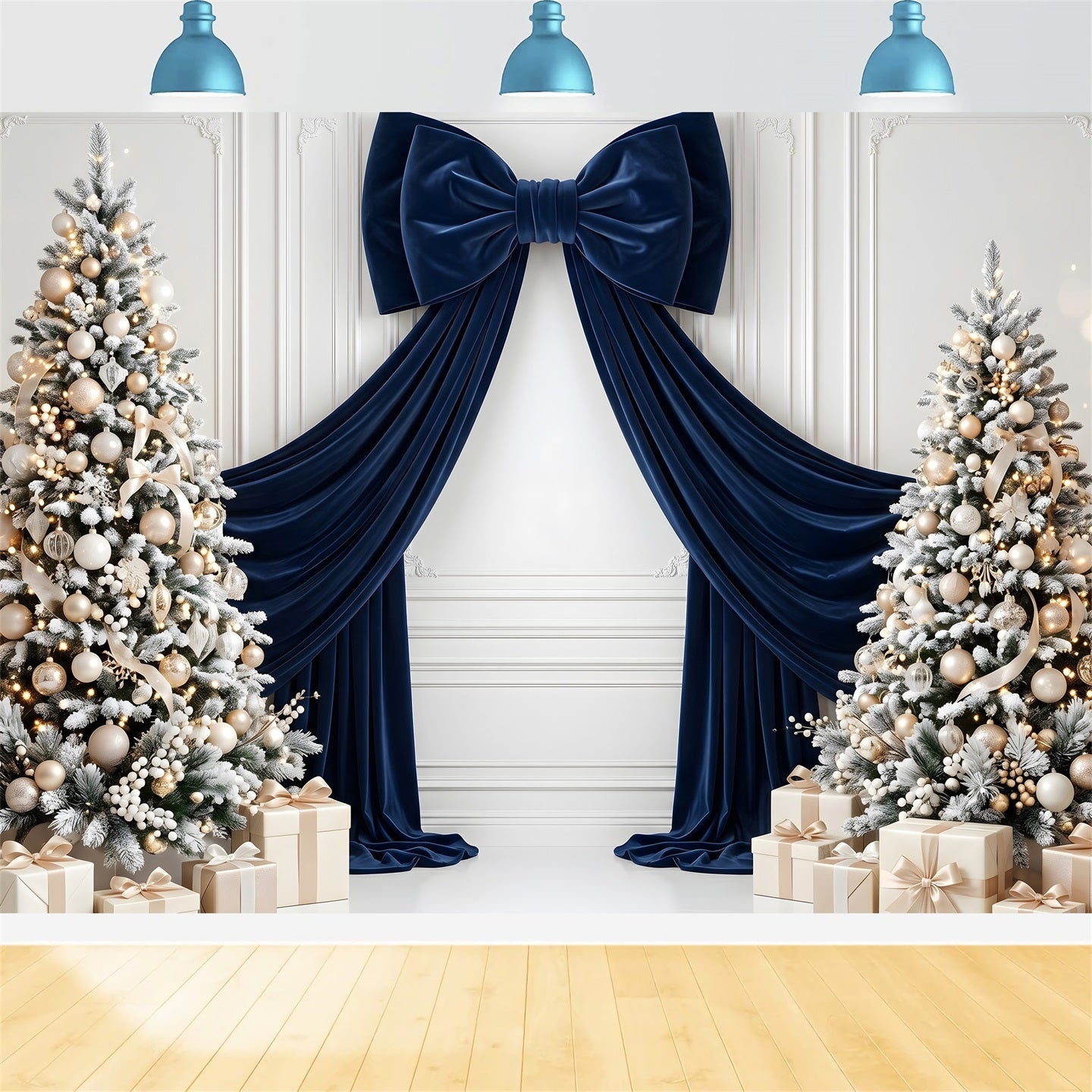 Christmas Themed Backdrops Navy Velvet Bow Frosted Trees Christmas Studio Backdrop CEM65-115